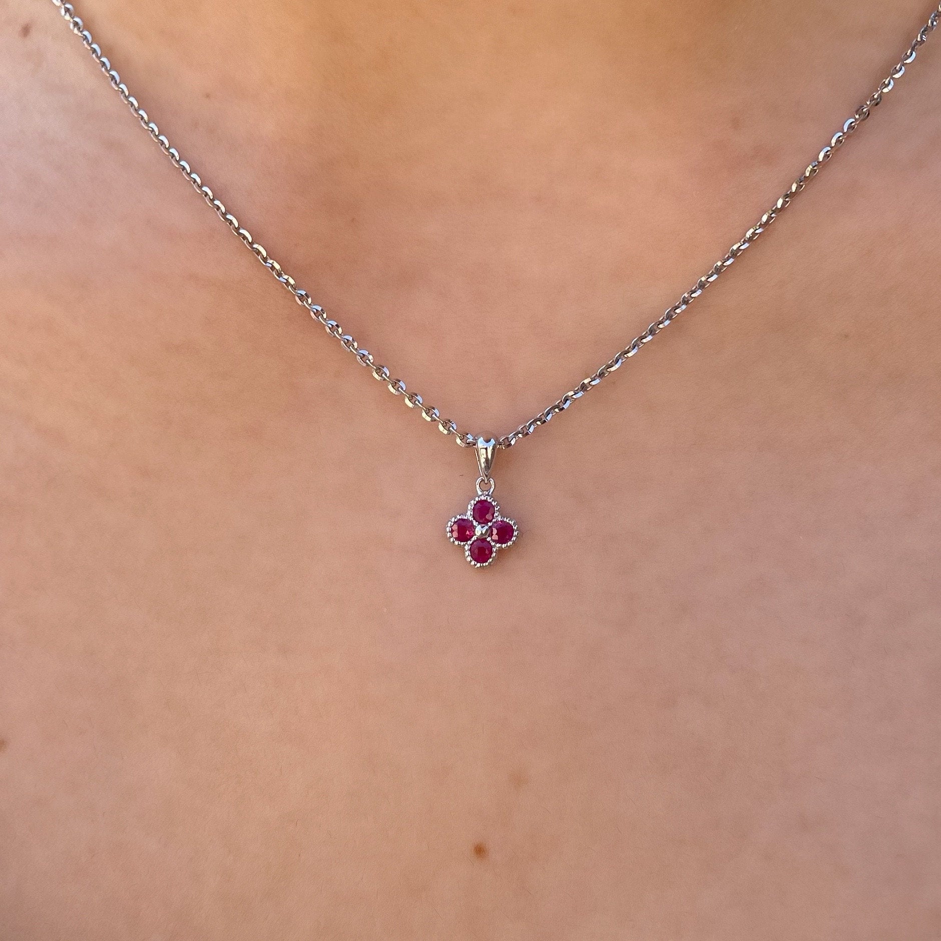 14K Solid Gold Genuine Ruby Clover Pendant