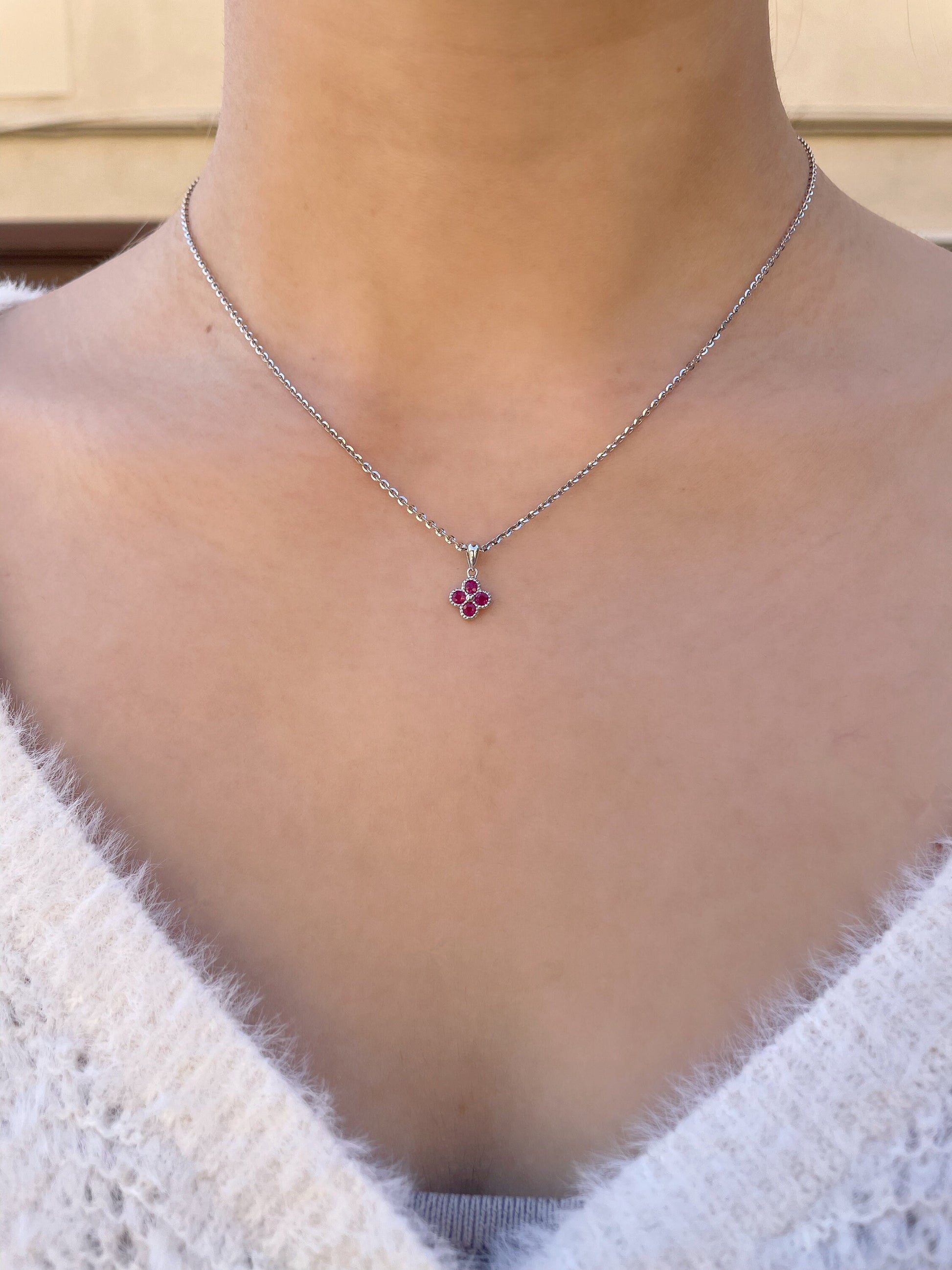 14K Solid Gold Genuine Ruby Clover Pendant