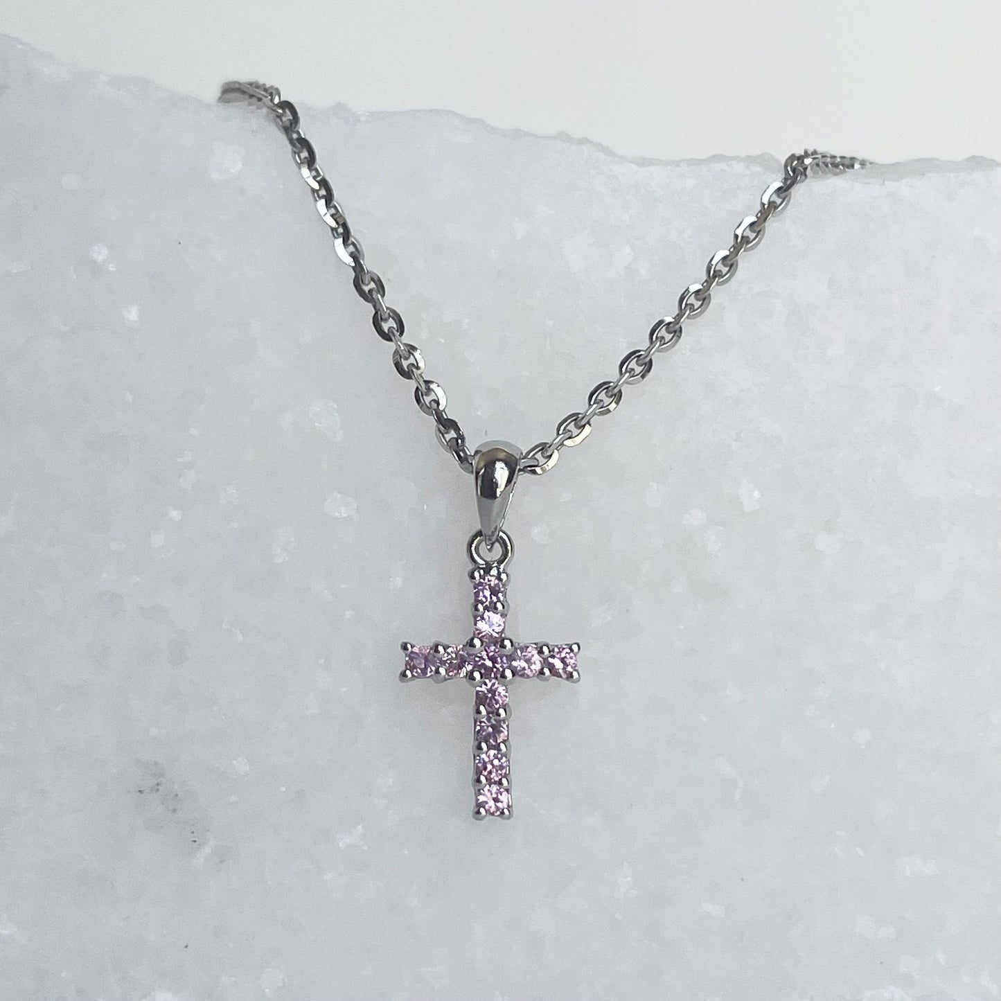 14K Solid Gold Genuine Pink Sapphire Cross Pendant