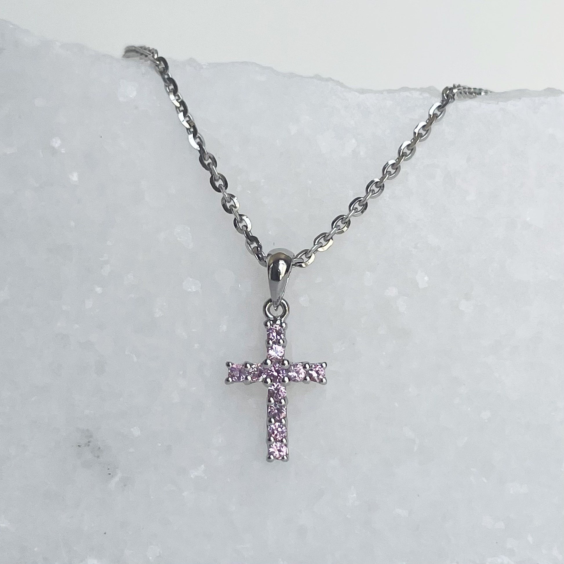 14K Solid Gold Genuine Pink Sapphire Cross Pendant