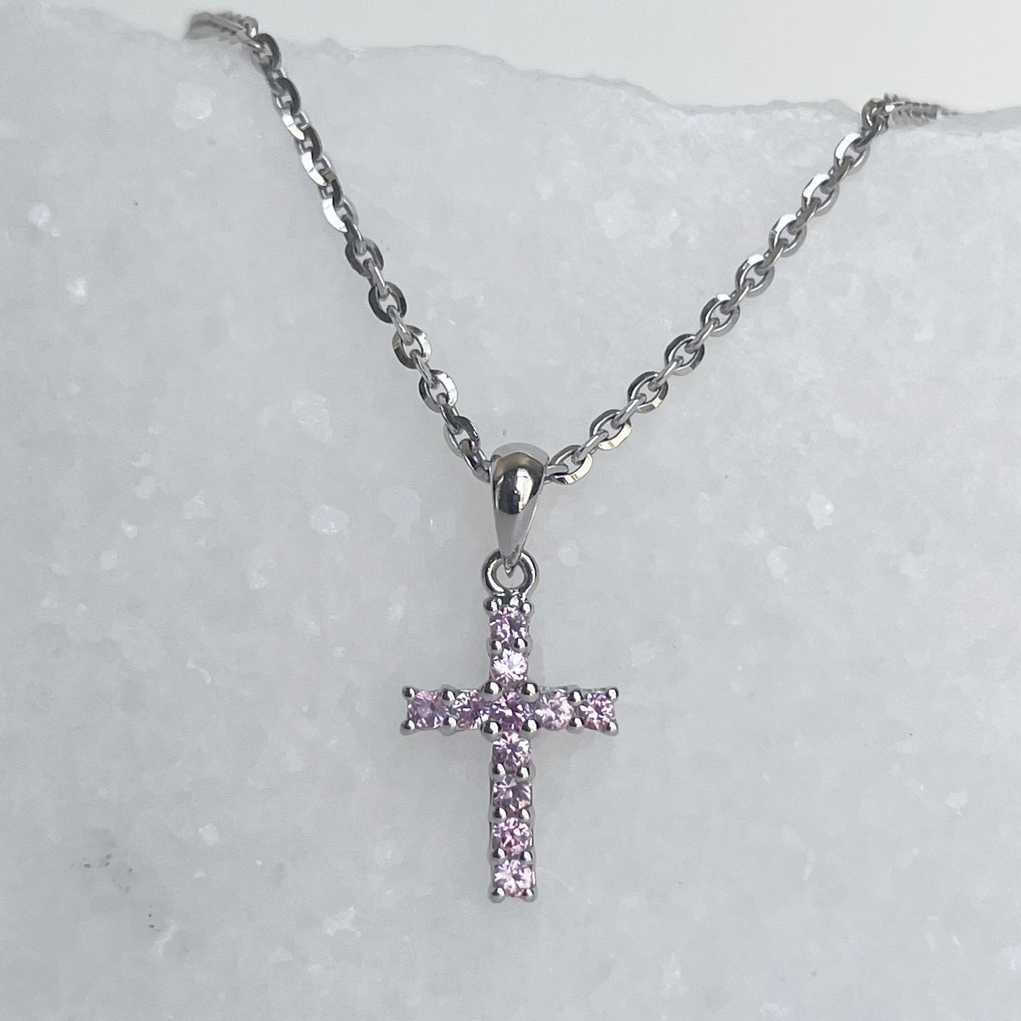 14K Solid Gold Genuine Pink Sapphire Cross Pendant