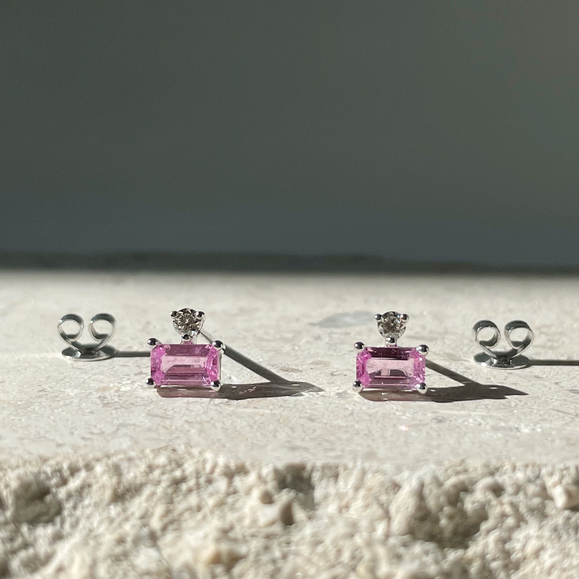 14K Solid Gold Genuine Pink Sapphire and Diamond Studs