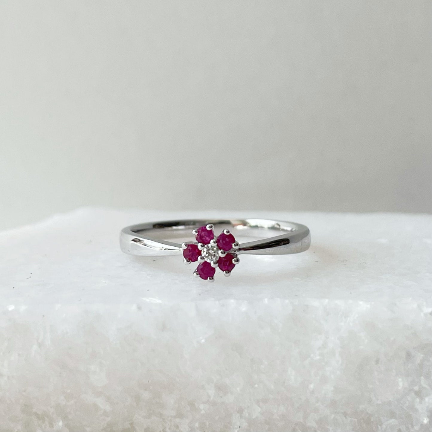 14K Solid Gold Genuine Ruby and Diamond Flower Ring