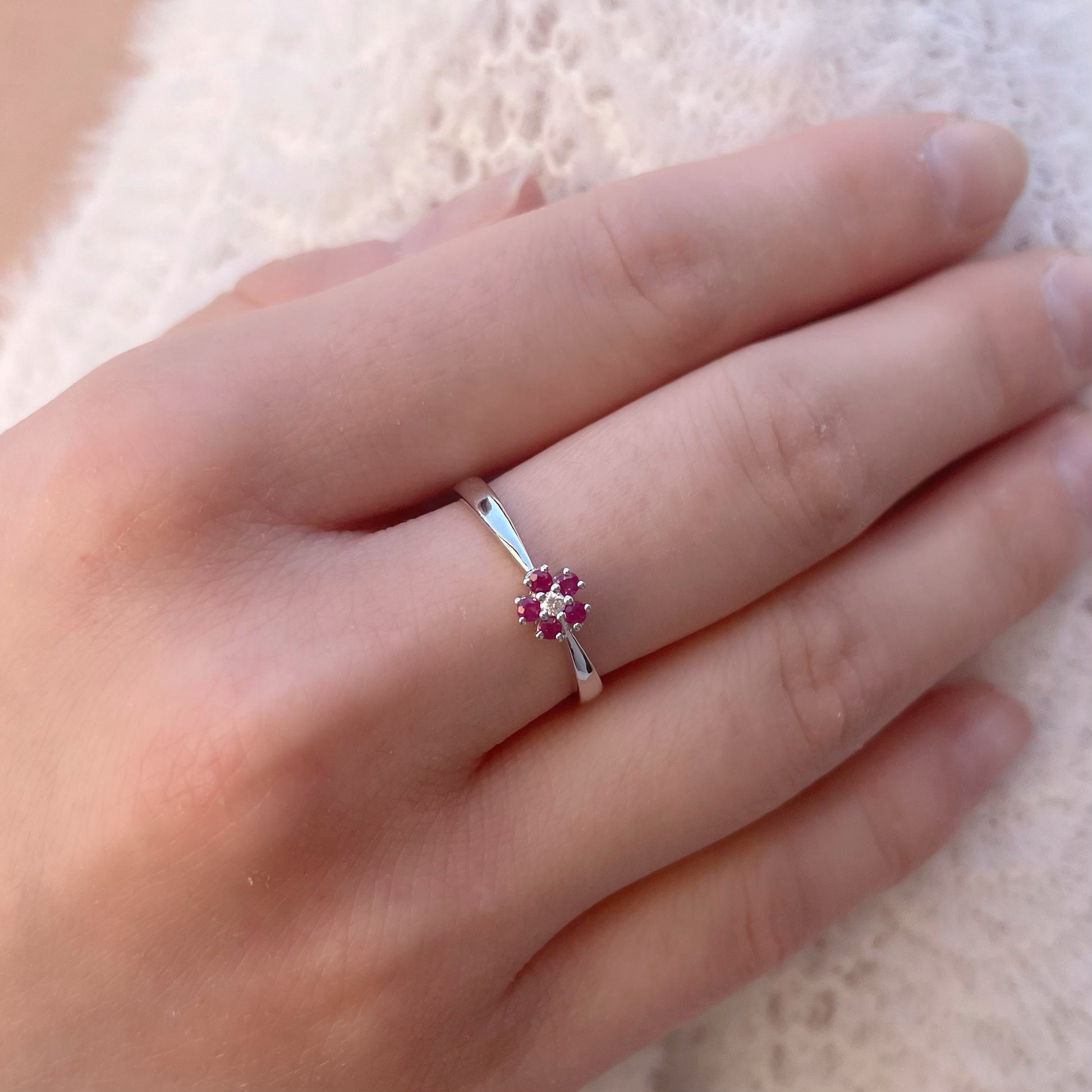 14K Solid Gold Genuine Ruby and Diamond Flower Ring