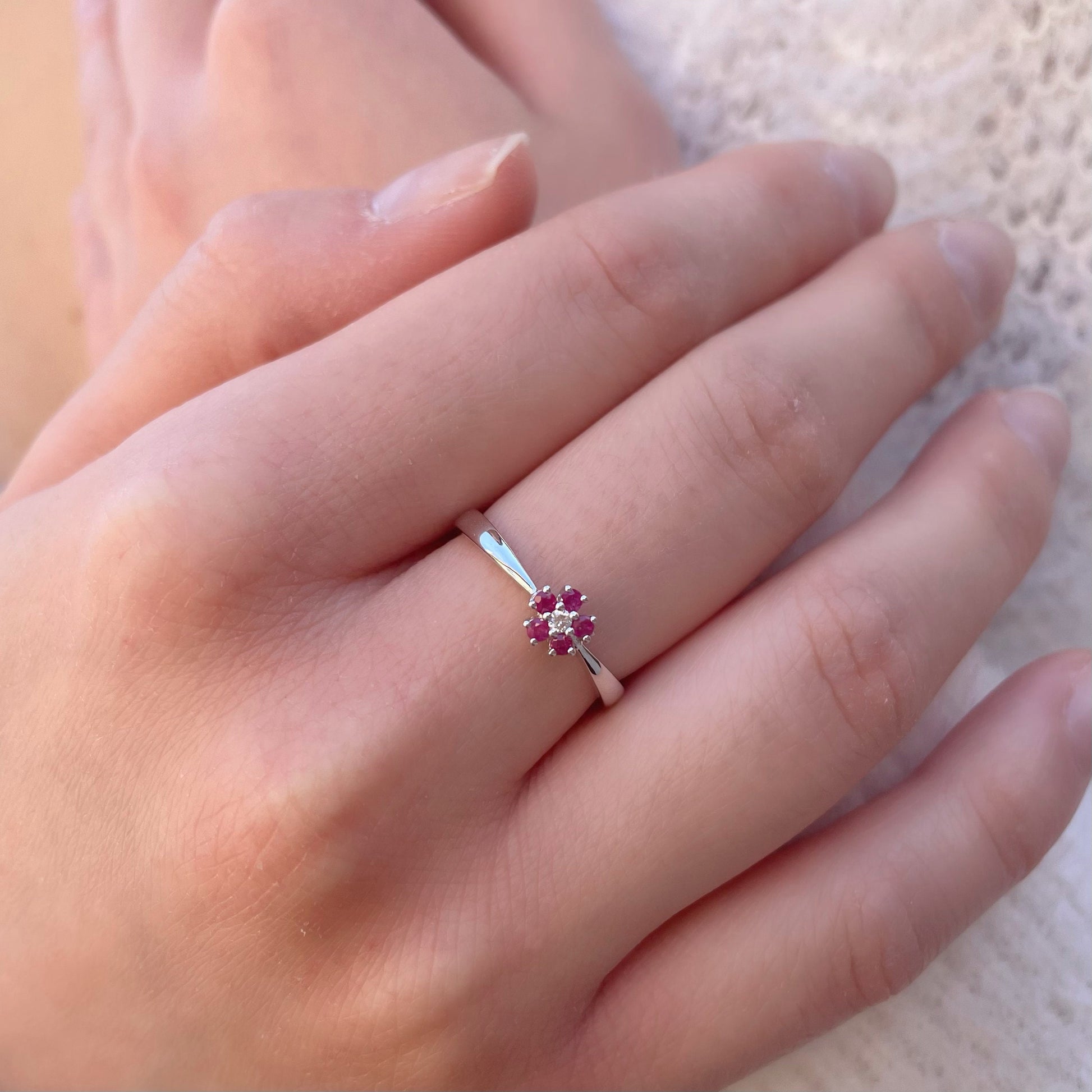 14K Solid Gold Genuine Ruby and Diamond Flower Ring