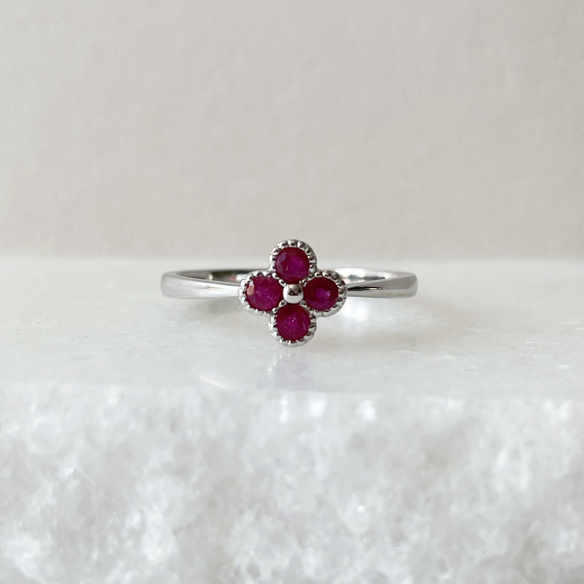14K Solid Gold Genuine Ruby Clover Ring