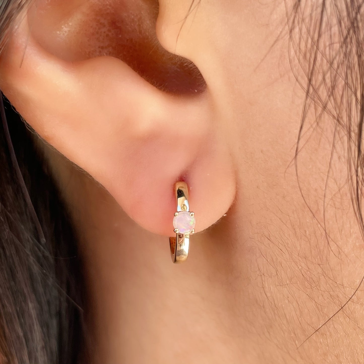 14K Yellow Gold Genuine Opal Hoops/Huggies (pair)