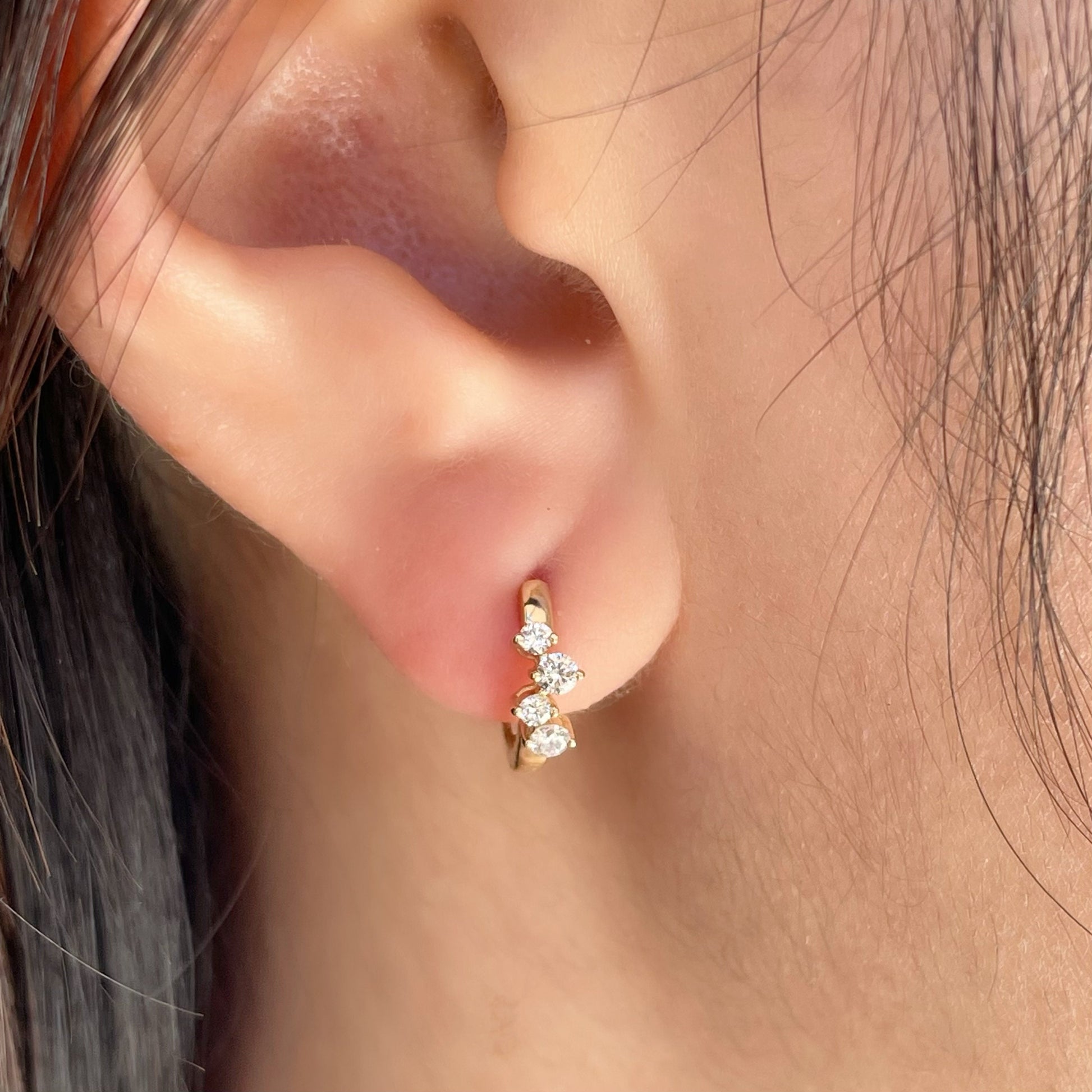 14K Solid Gold Genuine Diamond Cluster Huggies/Hoops/Pair