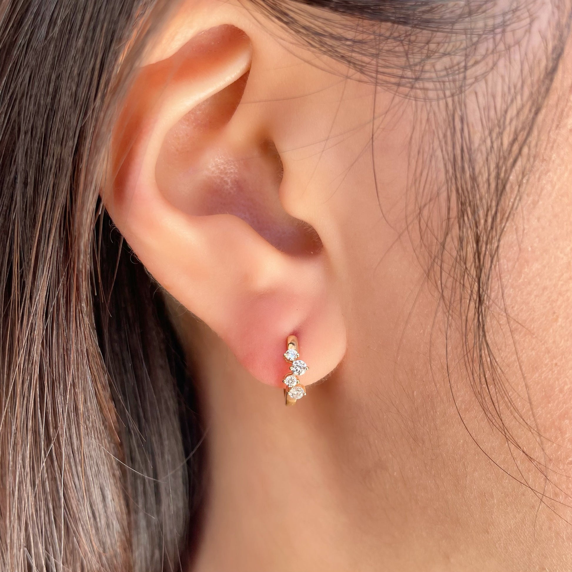 14K Solid Gold Genuine Diamond Cluster Huggies/Hoops/Pair