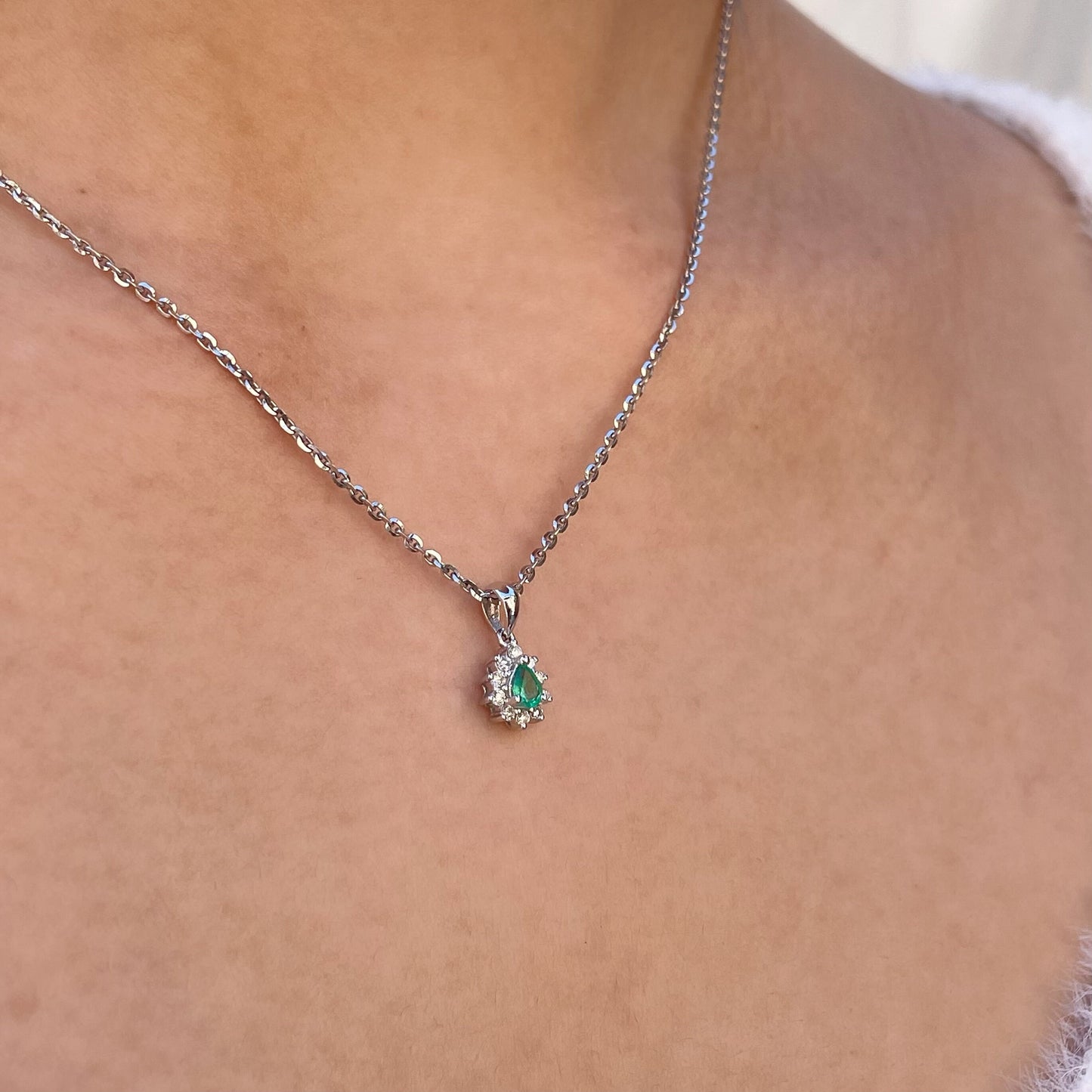 14K Solid Gold Genuine Emerald and Diamond Teardrop Pendant