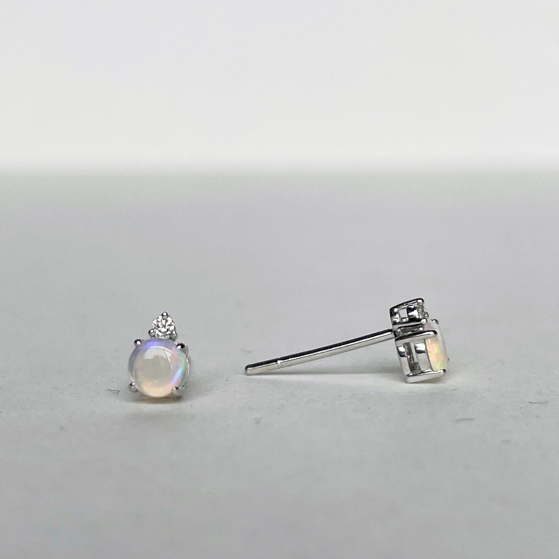 14K Solid Gold Genuine Opal and Diamond Stacked Studs/Pair