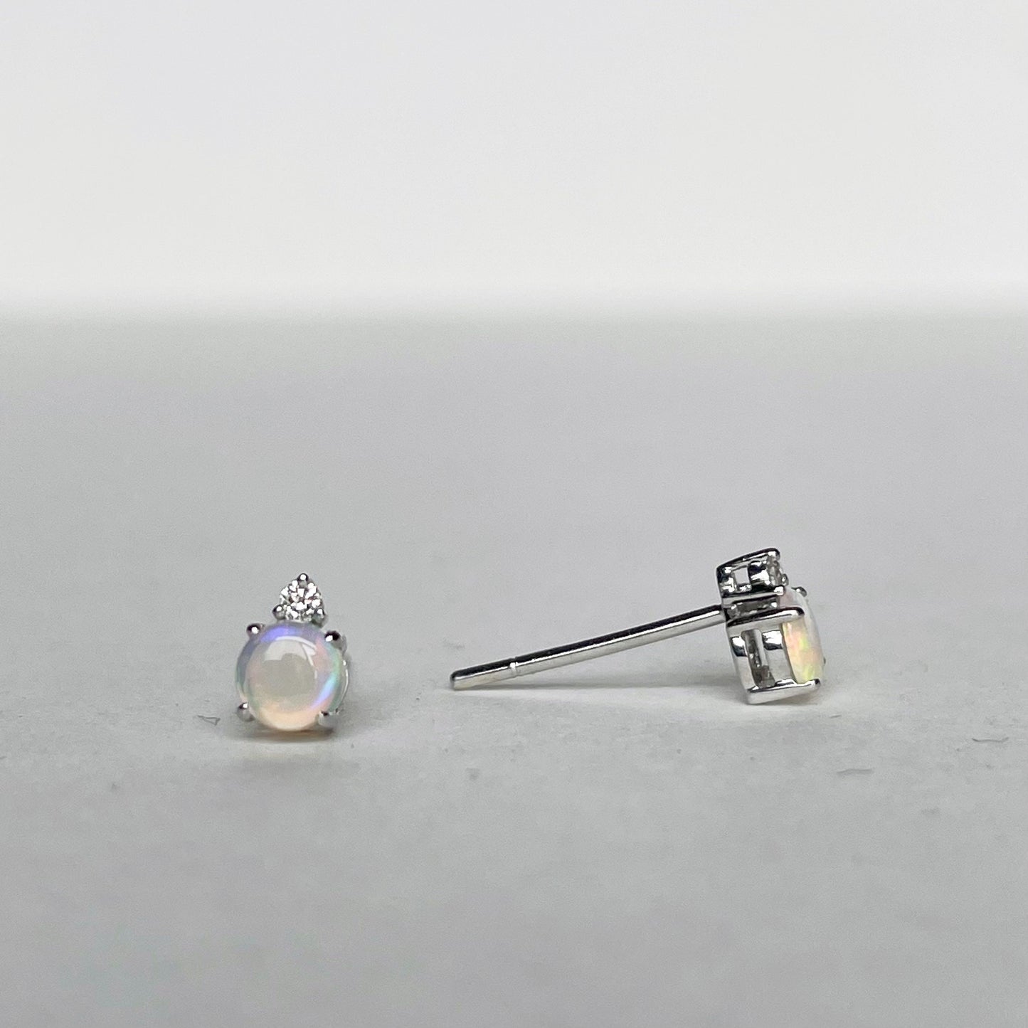 14K Solid Gold Genuine Opal and Diamond Stacked Studs/ Earring /Pair