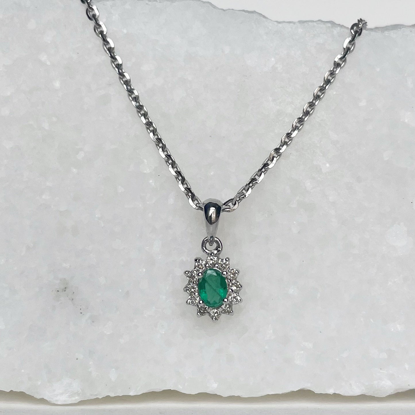 14K Solid Gold Emerald and Diamond Pendant