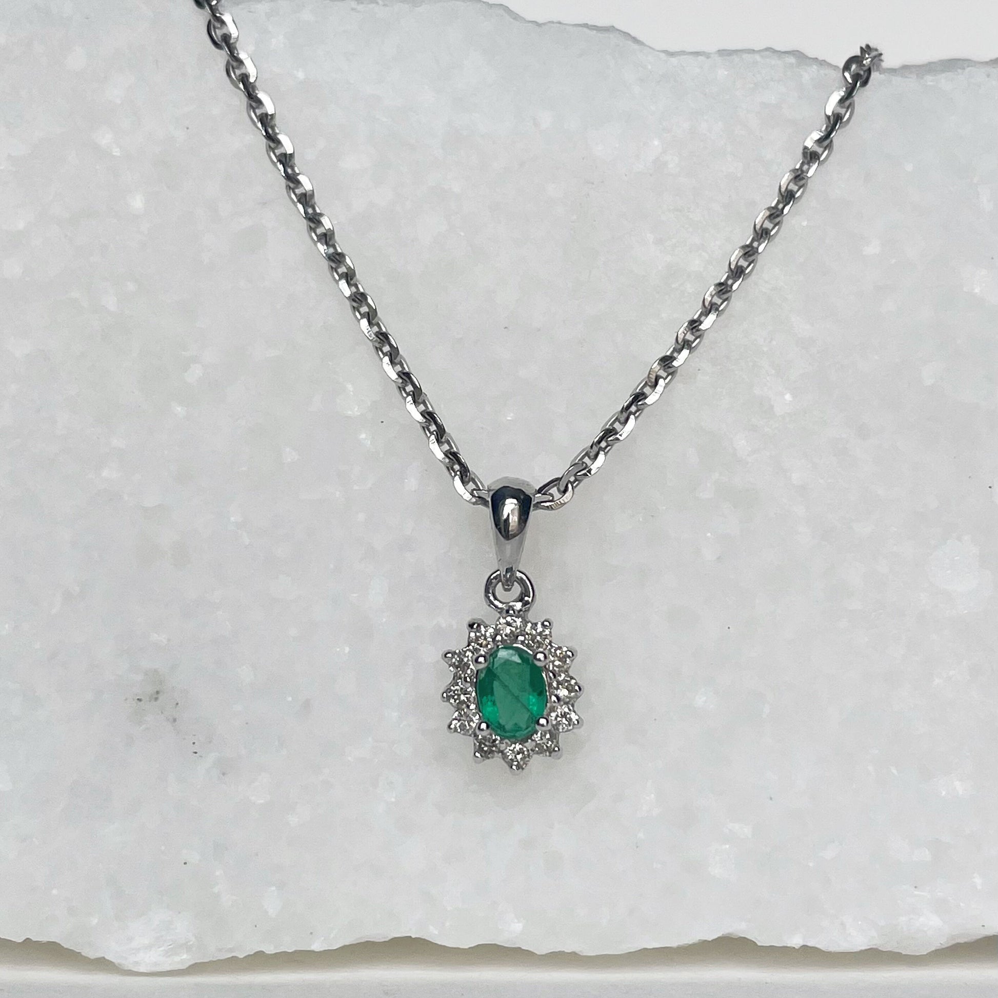 14K Solid Gold Emerald and Diamond Pendant