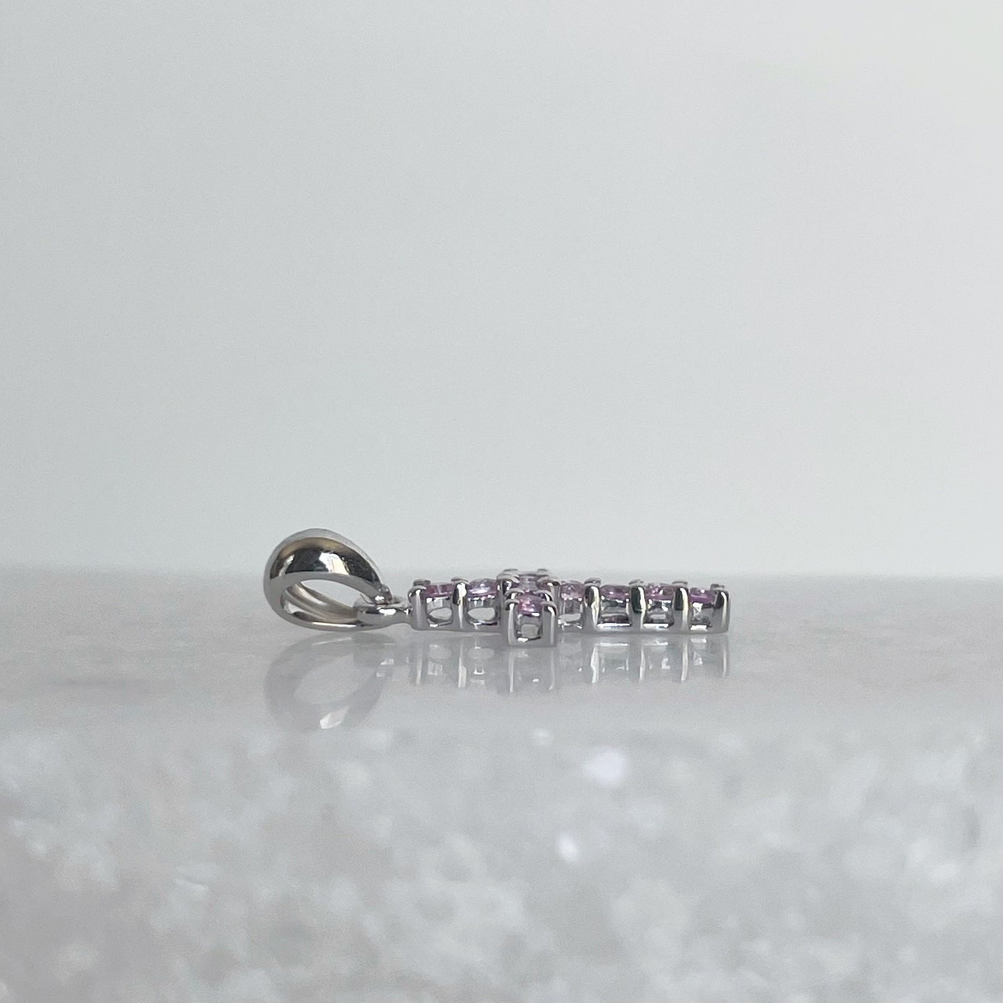 14K Solid Gold Genuine Pink Sapphire Cross Pendant