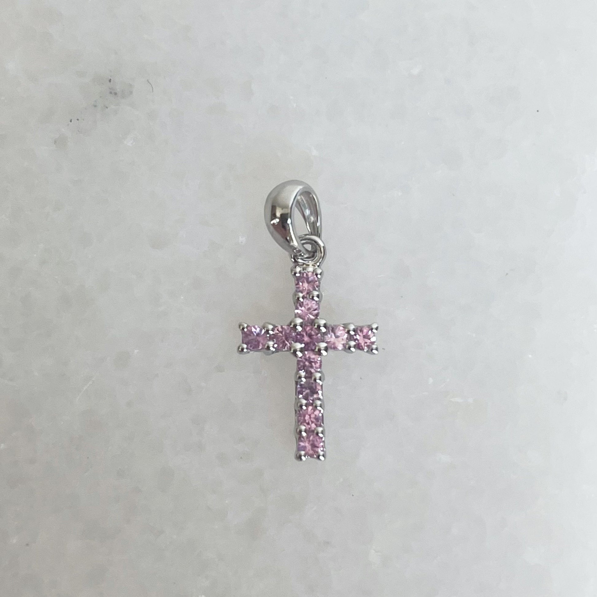 14K Solid Gold Genuine Pink Sapphire Cross Pendant