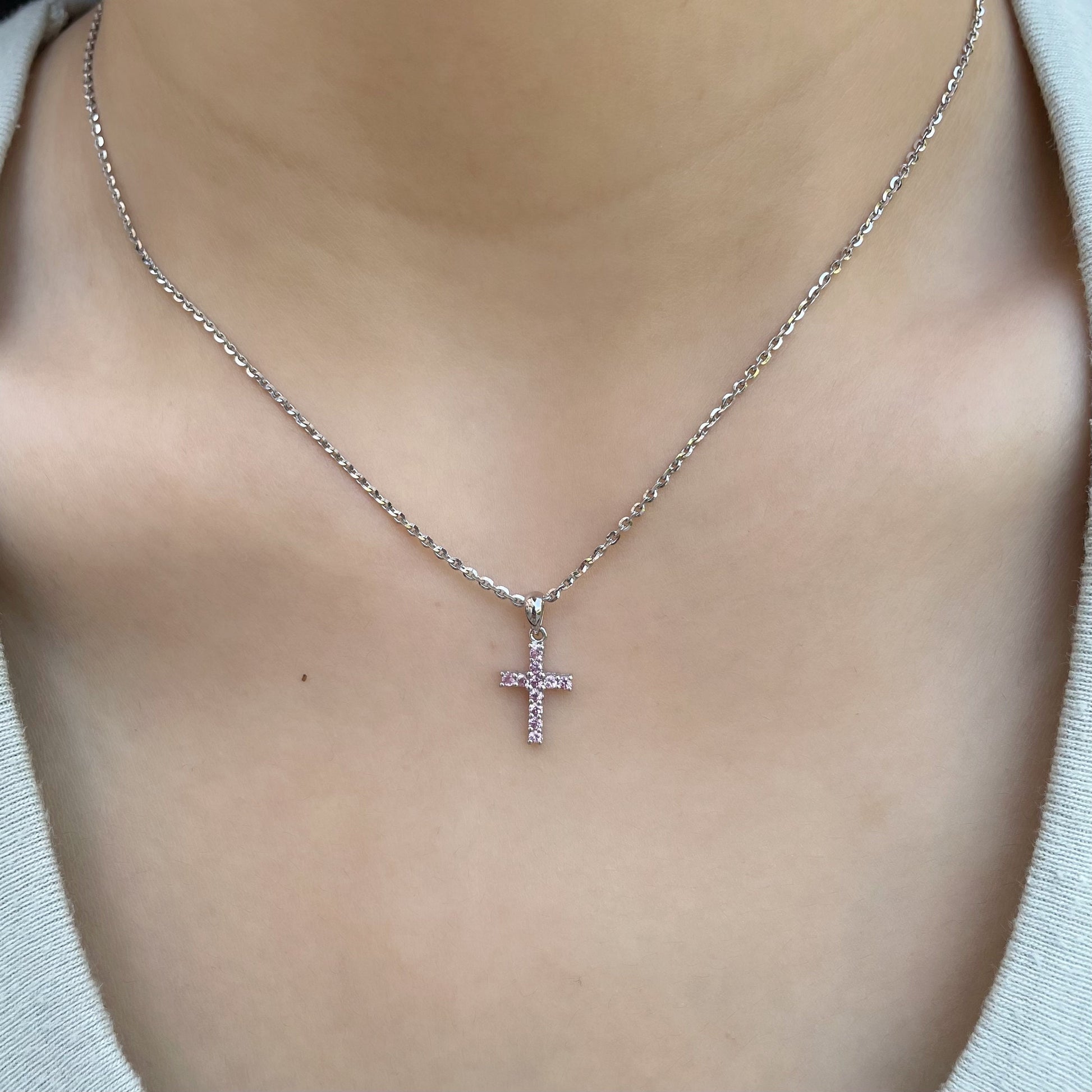 14K Solid Gold Genuine Pink Sapphire Cross Pendant