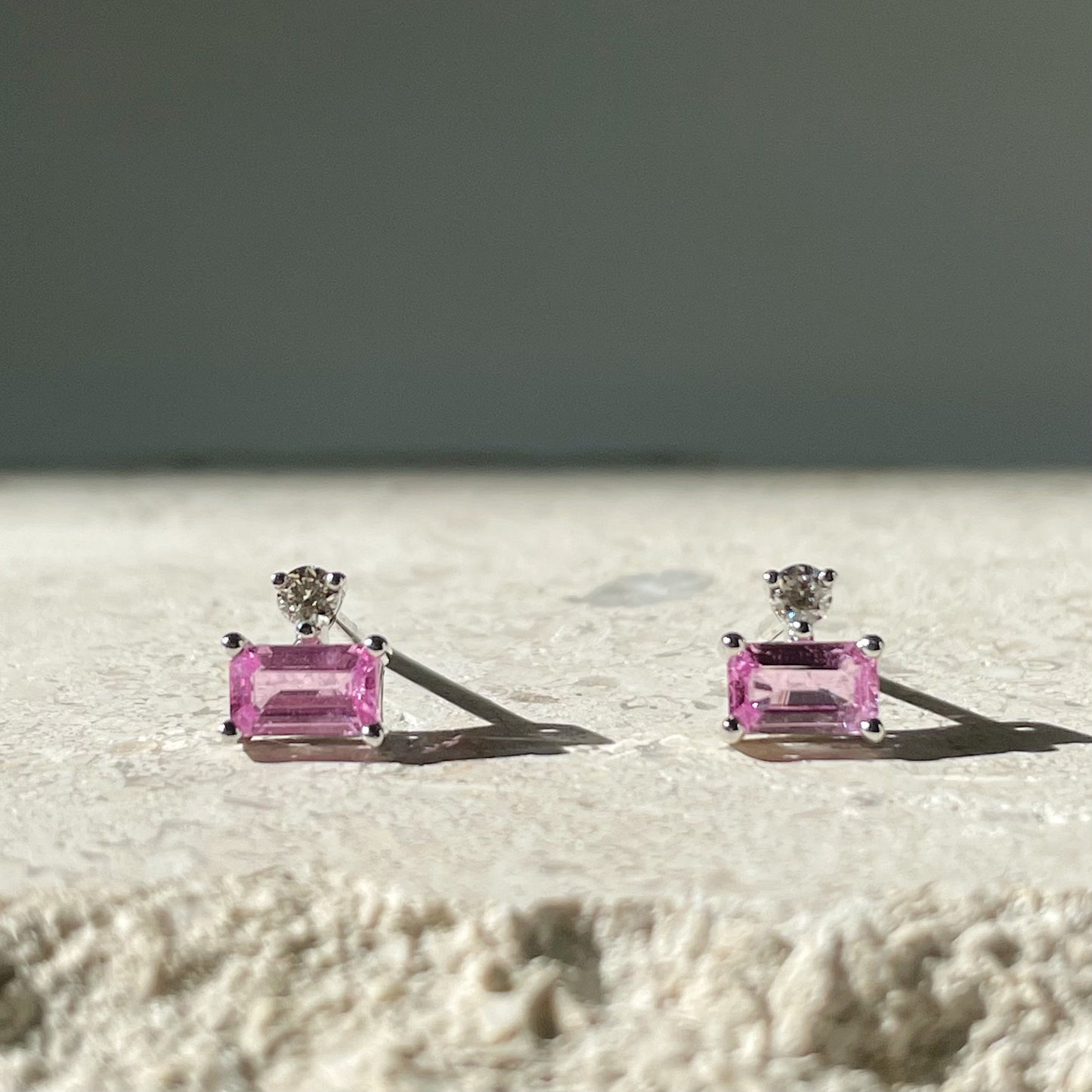 14K Solid Gold Genuine Pink Sapphire and Diamond Studs