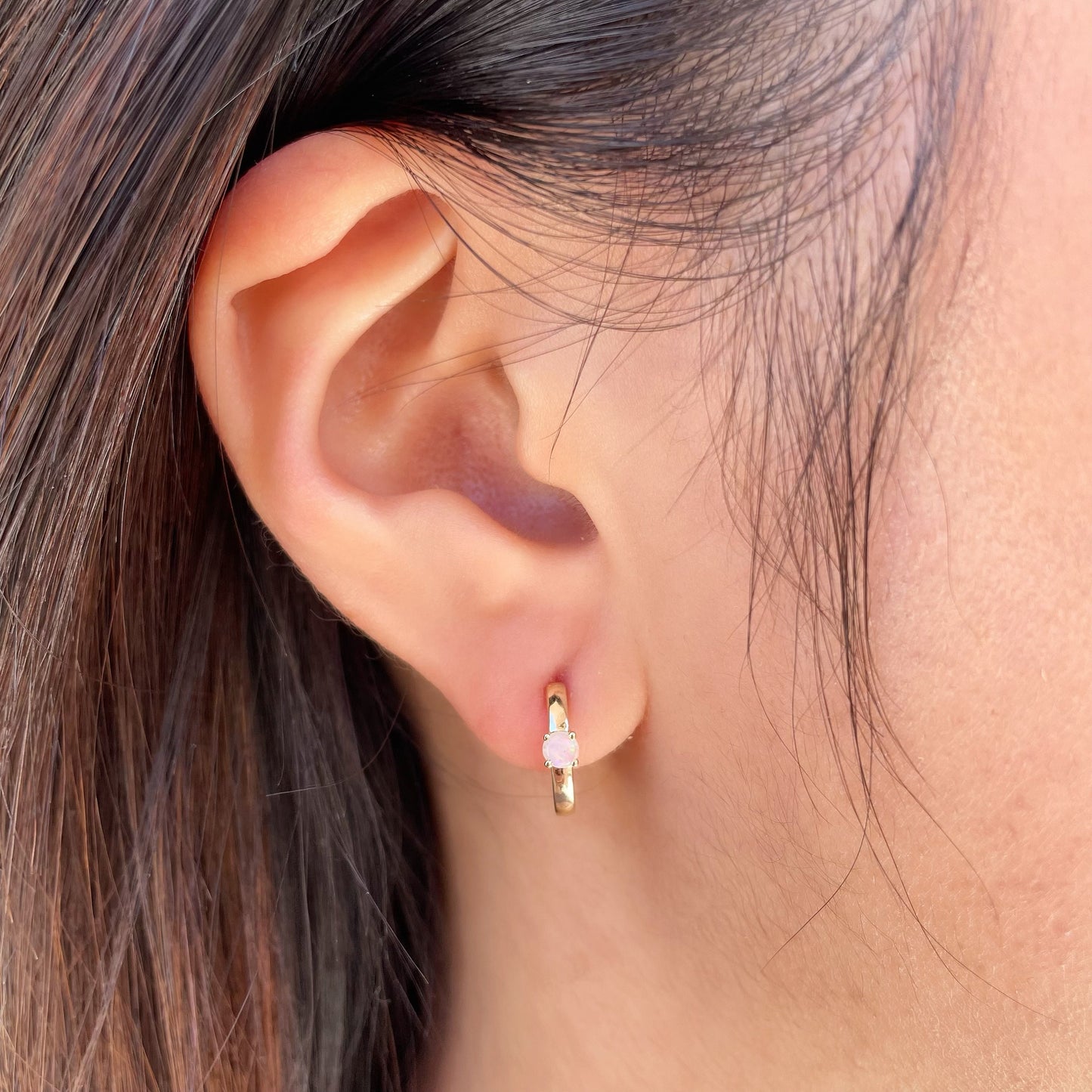 14K Yellow Gold Genuine Opal Hoops/Huggies (pair)