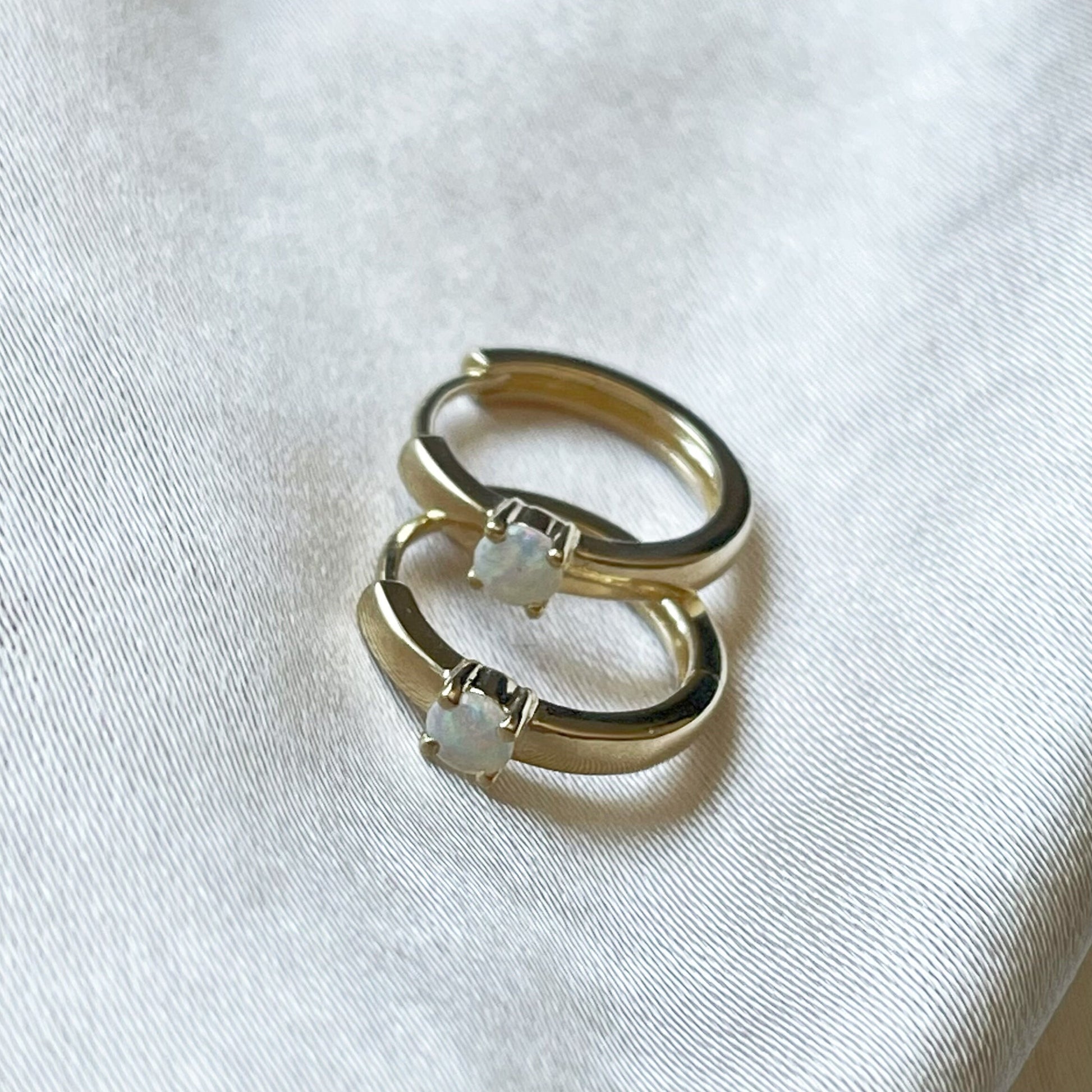 14K Yellow Gold Genuine Opal Hoops/Huggies (pair)