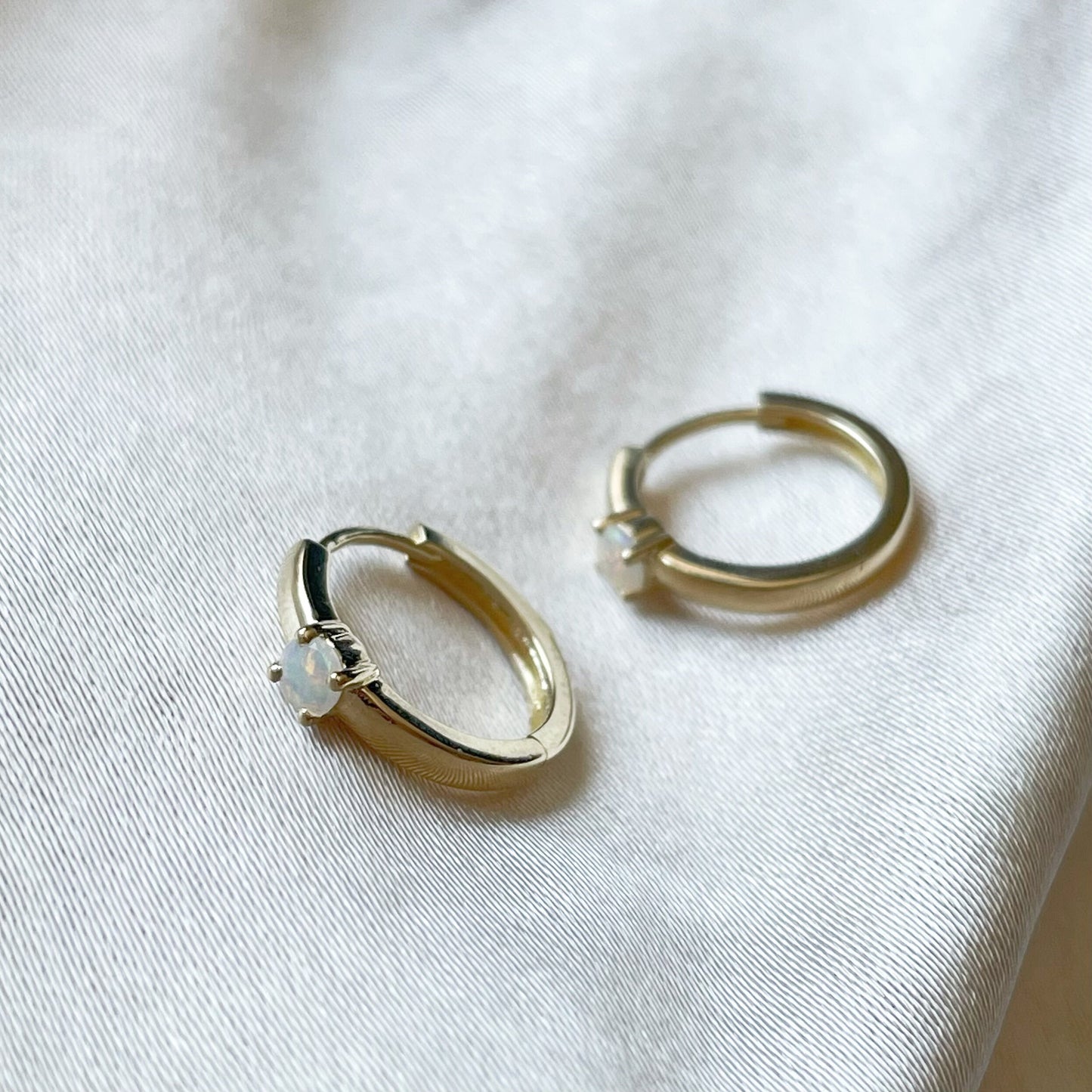 14K Yellow Gold Genuine Opal Hoops/Huggies (pair)