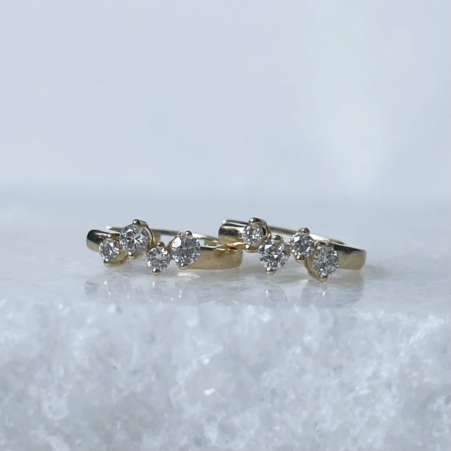 14K Solid Gold Genuine Diamond Cluster Huggies/Hoops/Pair