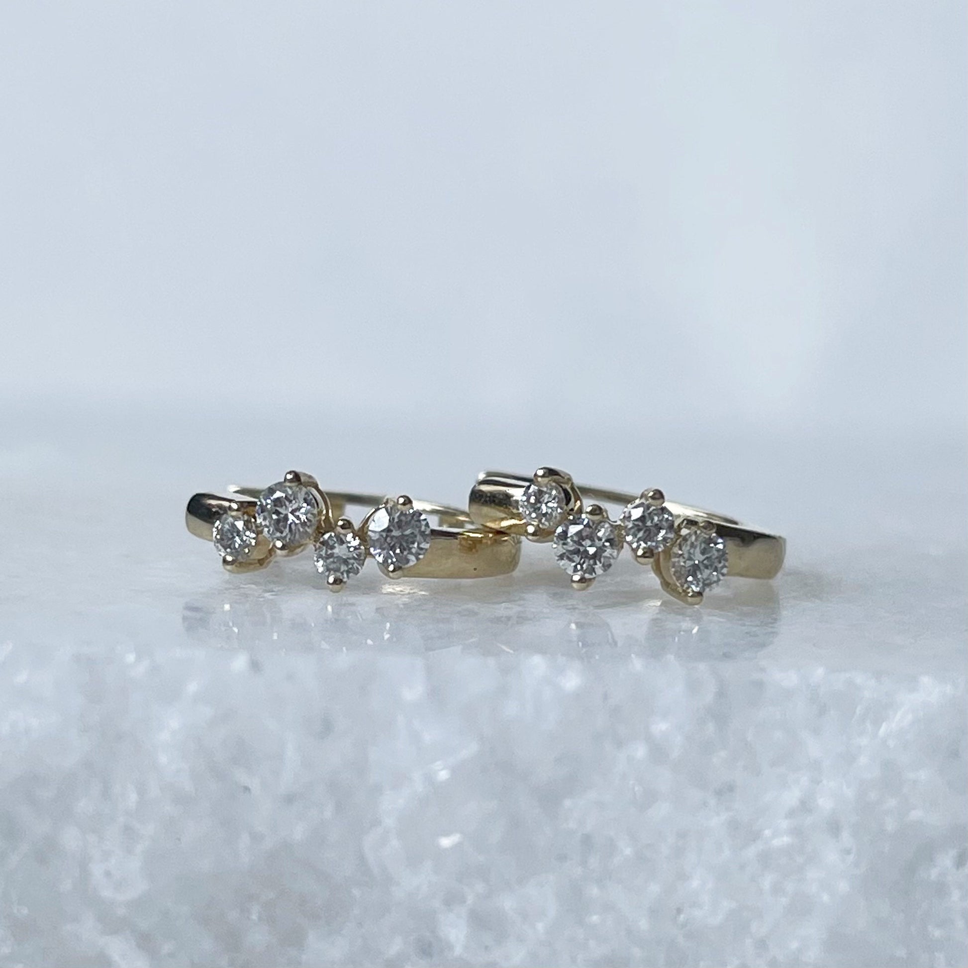 14K Solid Gold Genuine Diamond Cluster Huggies/Hoops/Pair