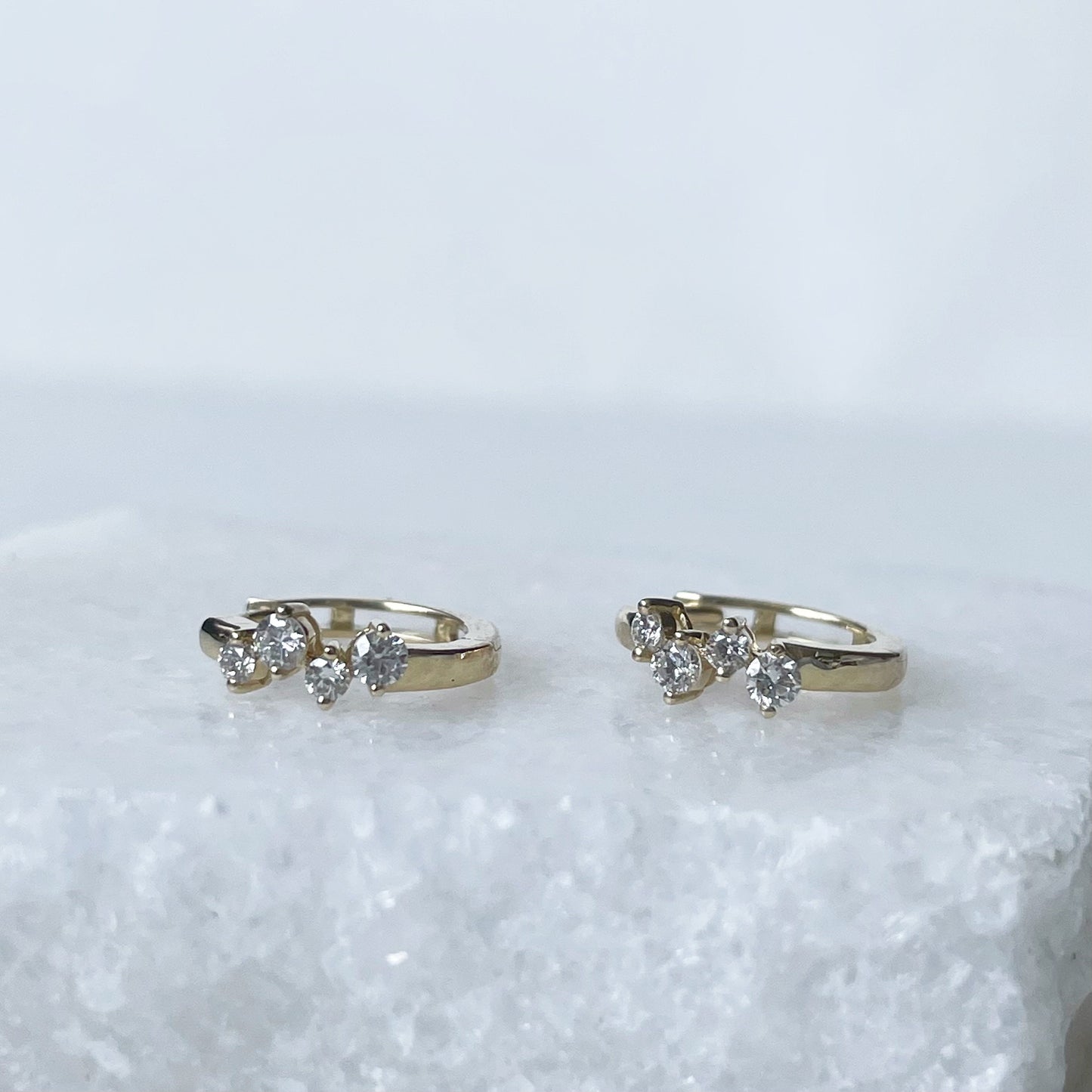 14K Solid Gold Genuine Diamond Cluster Huggies/Hoops/Pair