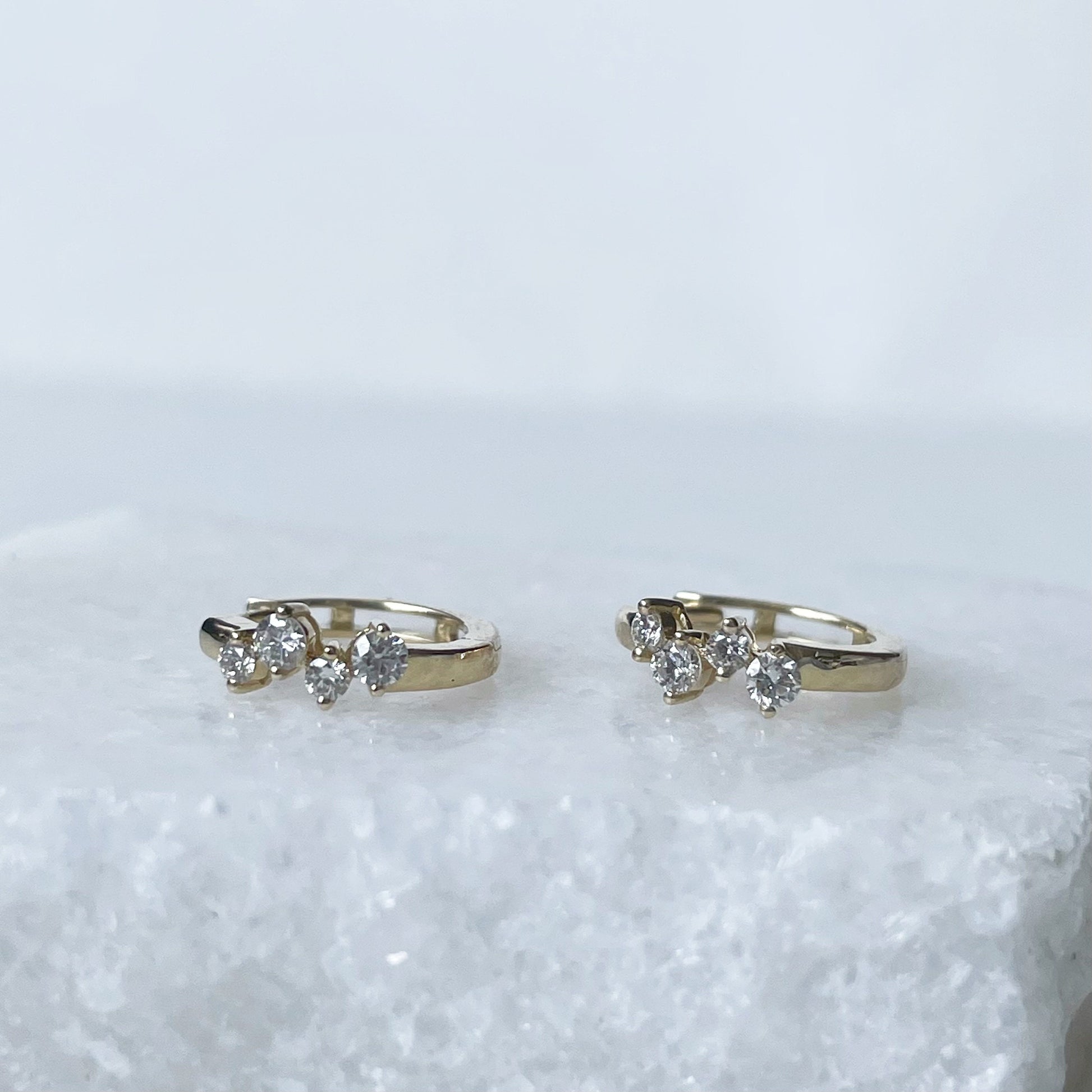 14K Solid Gold Genuine Diamond Cluster Huggies/Hoops/Pair
