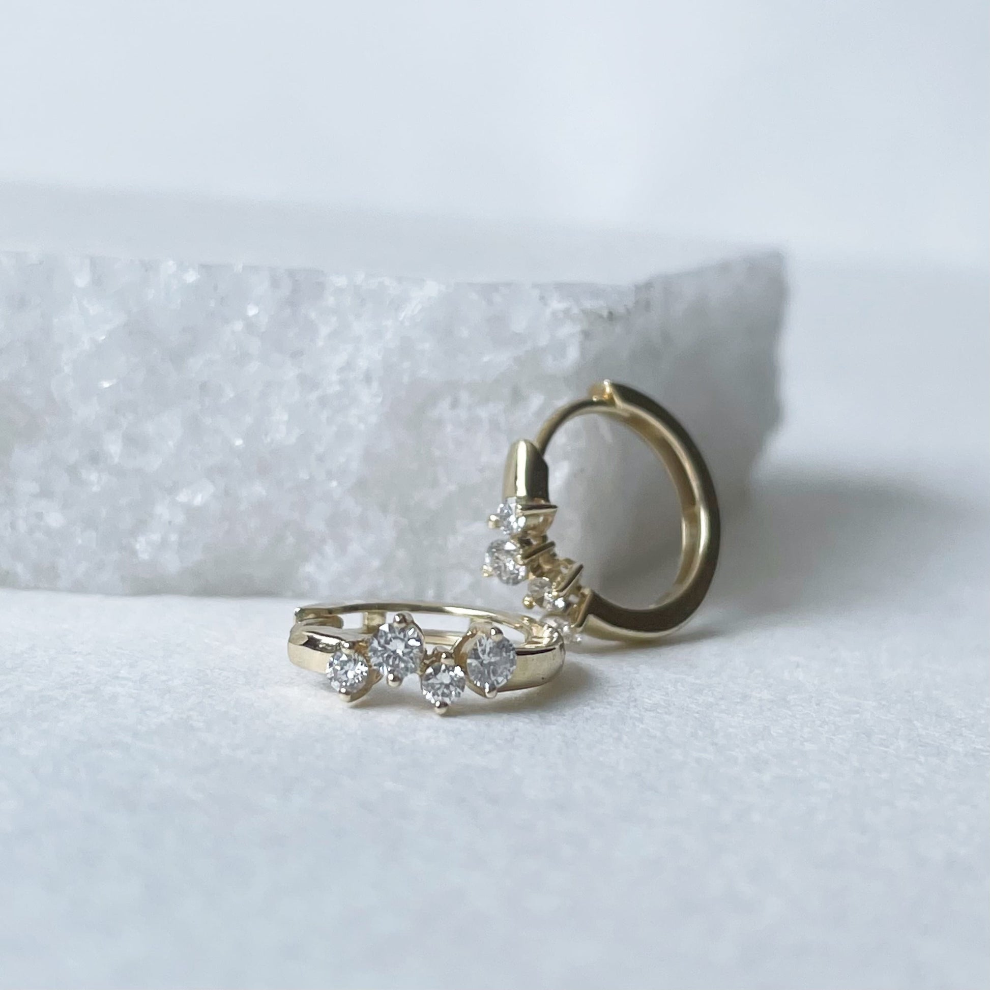 14K Solid Gold Genuine Diamond Cluster Huggies/Hoops/Pair