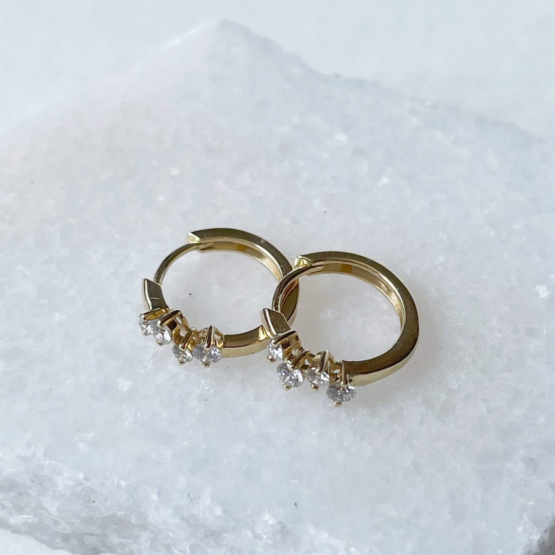 14K Solid Gold Genuine Diamond Cluster Huggies/Hoops/Pair