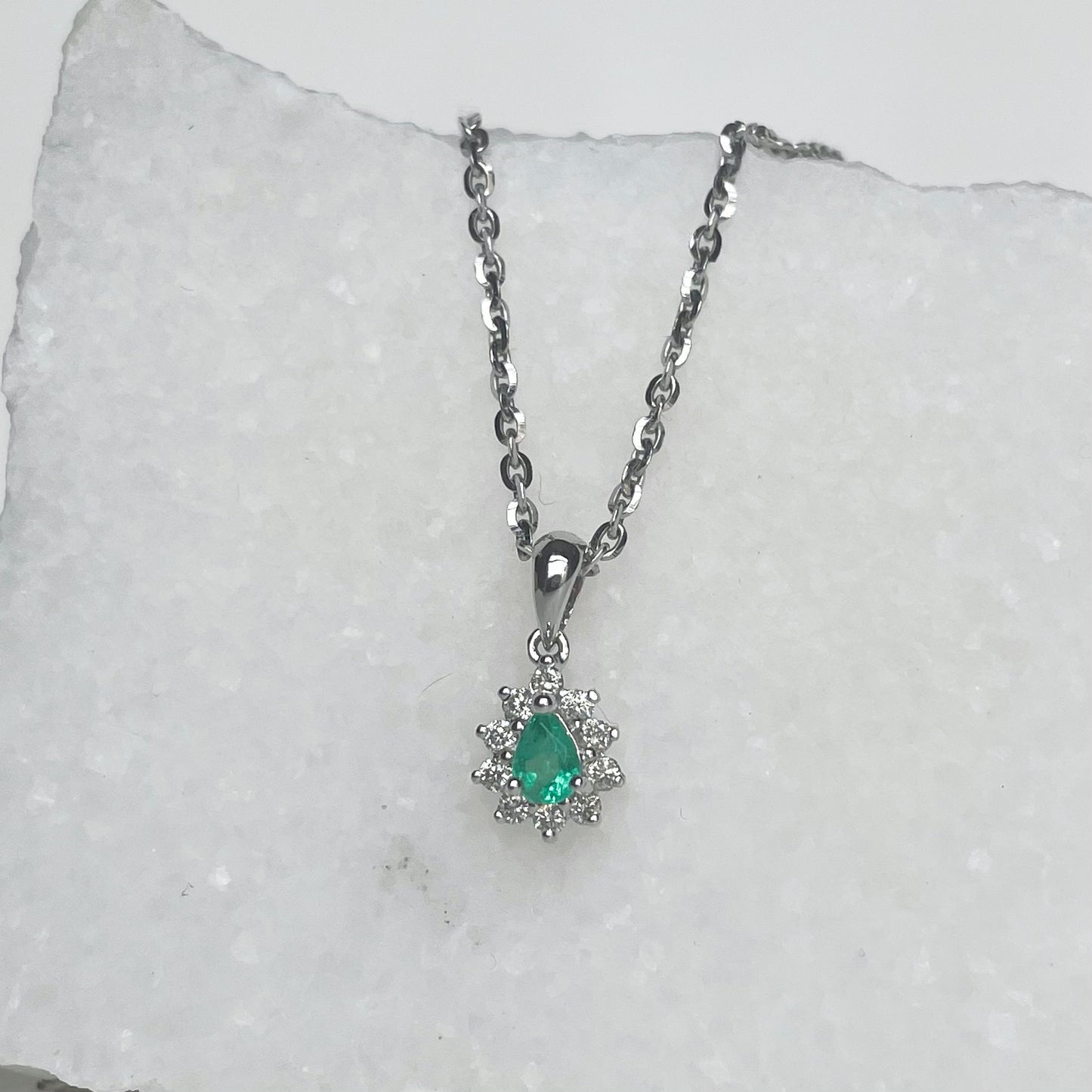 14K Solid Gold Genuine Emerald and Diamond Teardrop Pendant