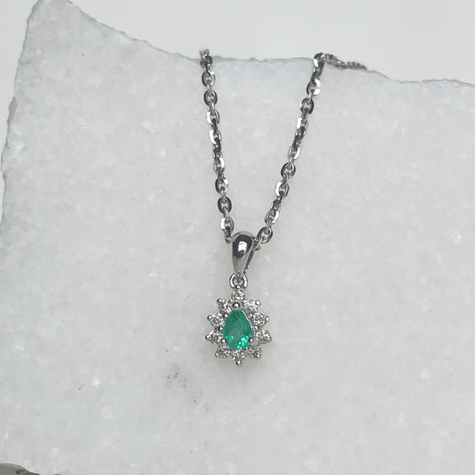 14K Solid Gold Genuine Emerald and Diamond Teardrop Pendant