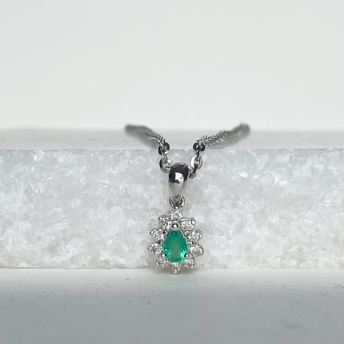 14K Solid Gold Genuine Emerald and Diamond Teardrop Pendant