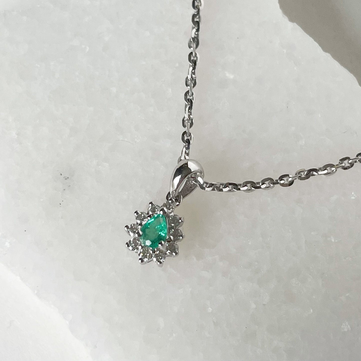 14K Solid Gold Genuine Emerald and Diamond Teardrop Pendant