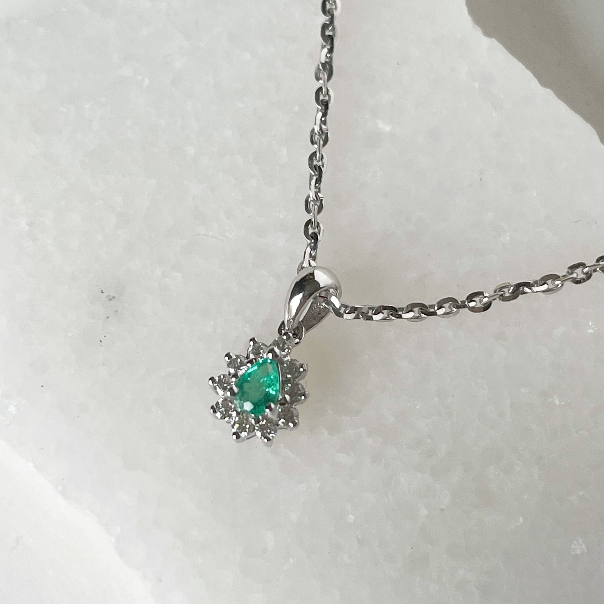 14K Solid Gold Genuine Emerald and Diamond Teardrop Pendant