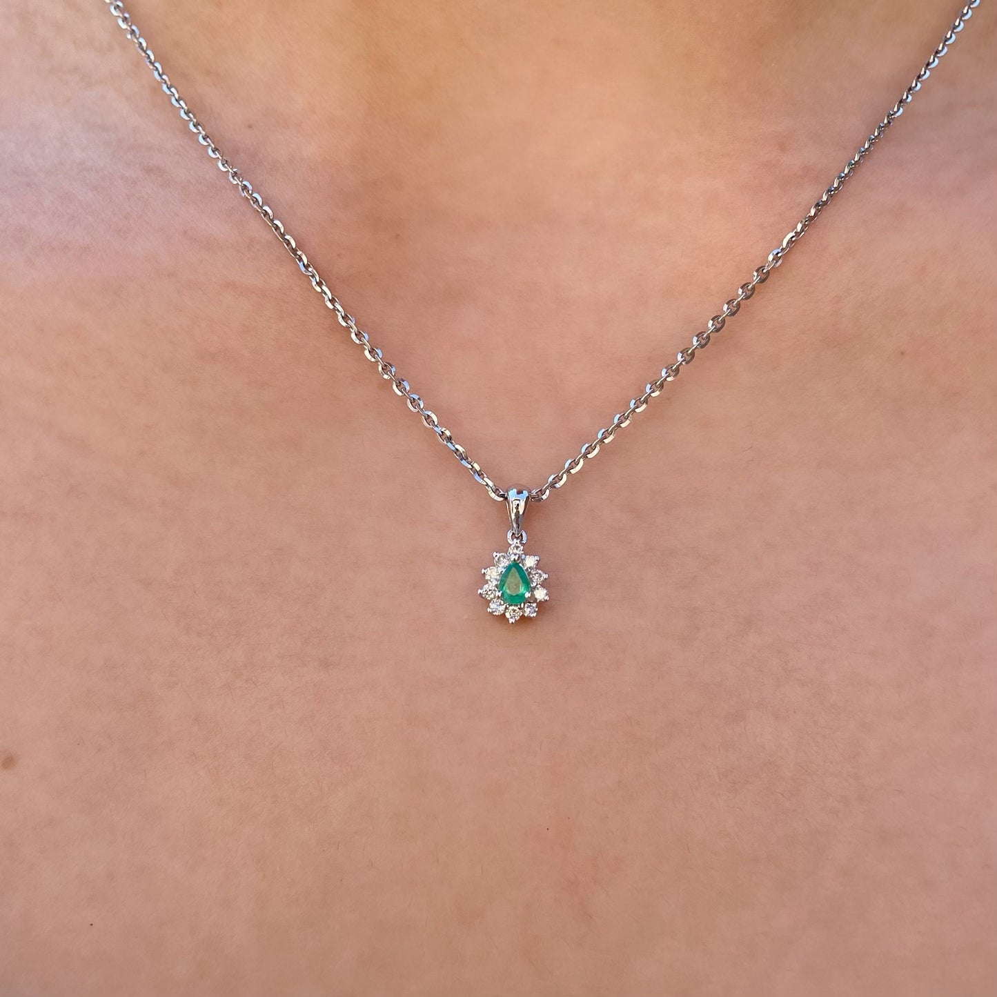 14K Solid Gold Genuine Emerald and Diamond Teardrop Pendant