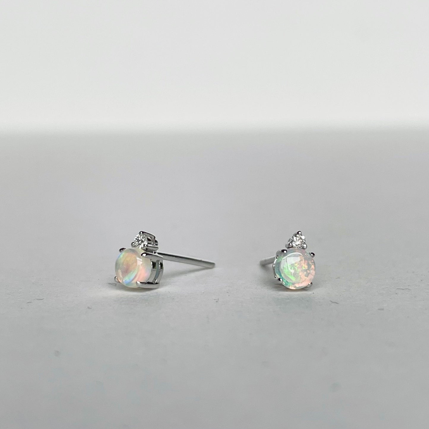 14K Solid Gold Genuine Opal and Diamond Stacked Studs/Pair