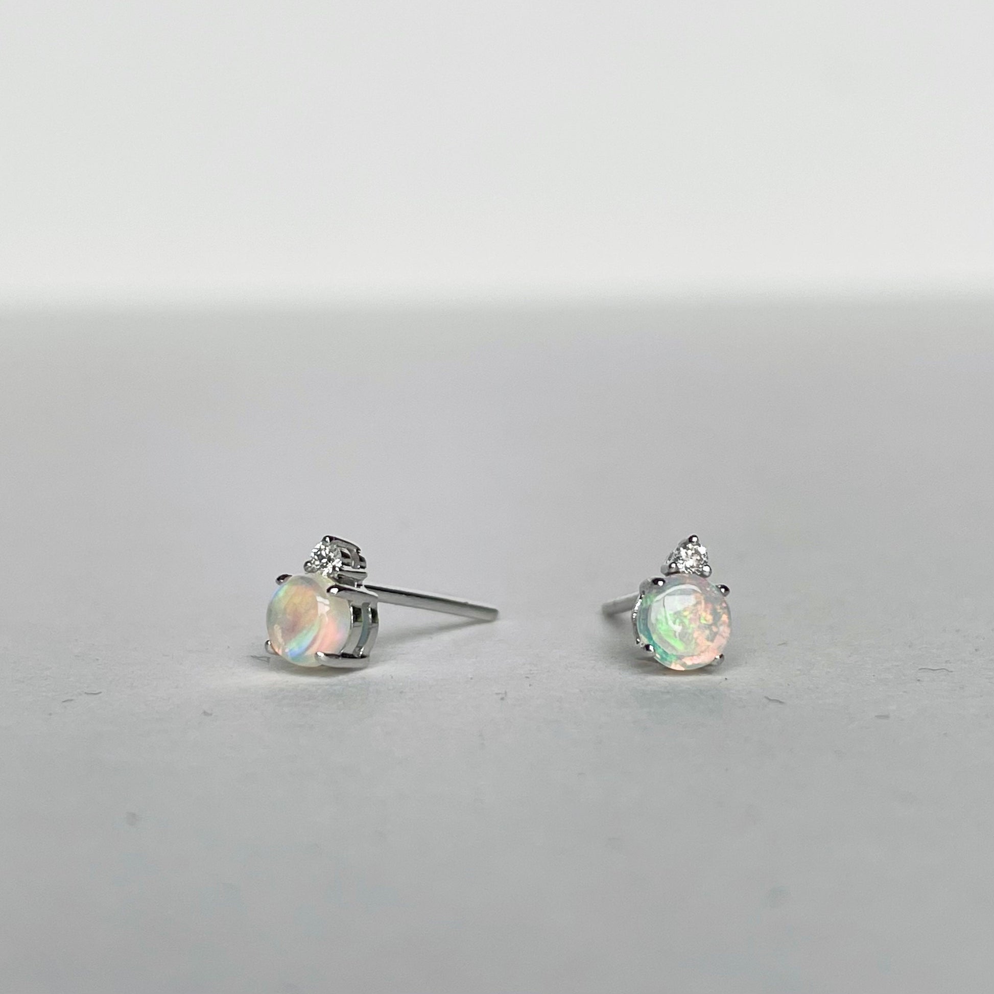 14K Solid Gold Genuine Opal and Diamond Stacked Studs/Pair
