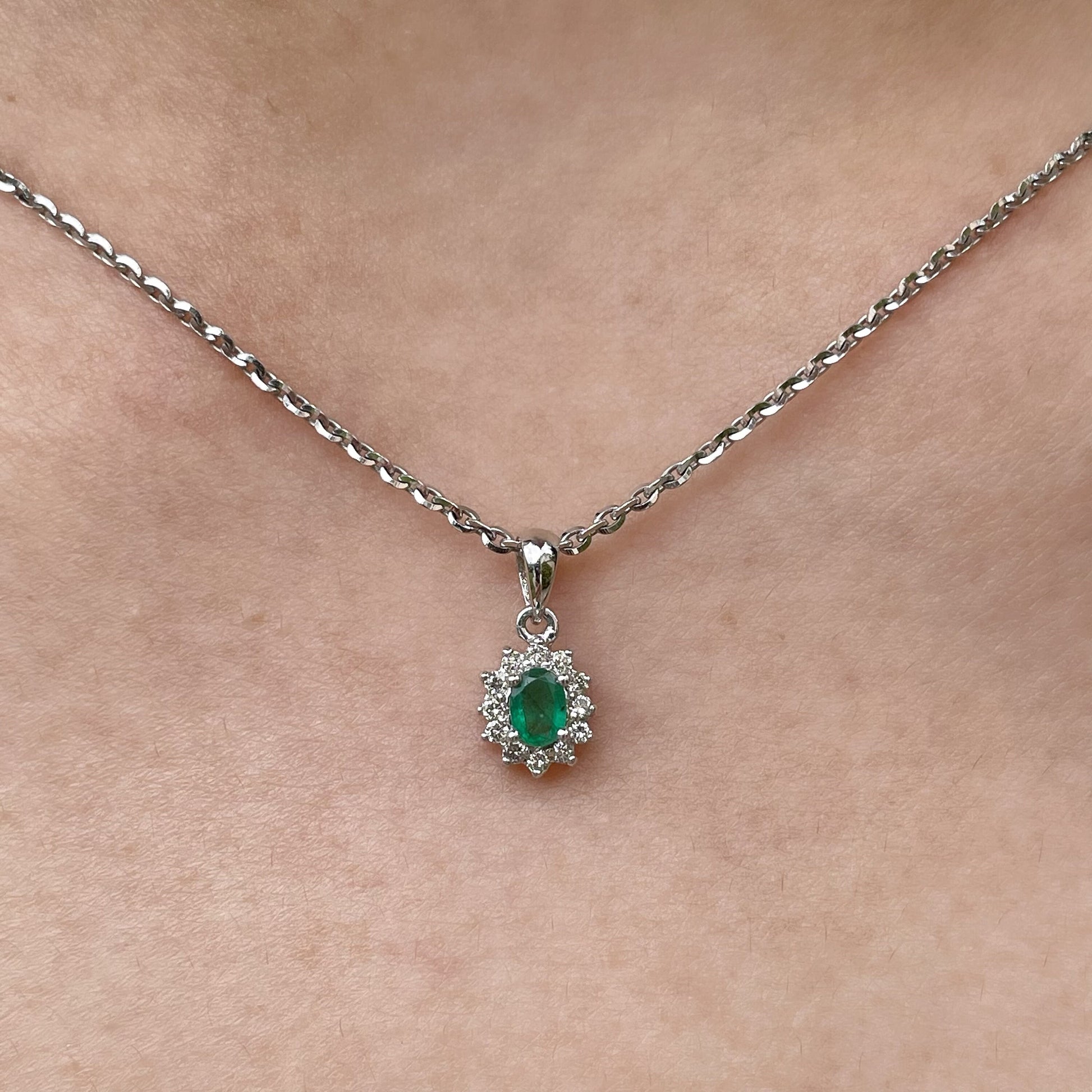 14K Solid Gold Emerald and Diamond Pendant