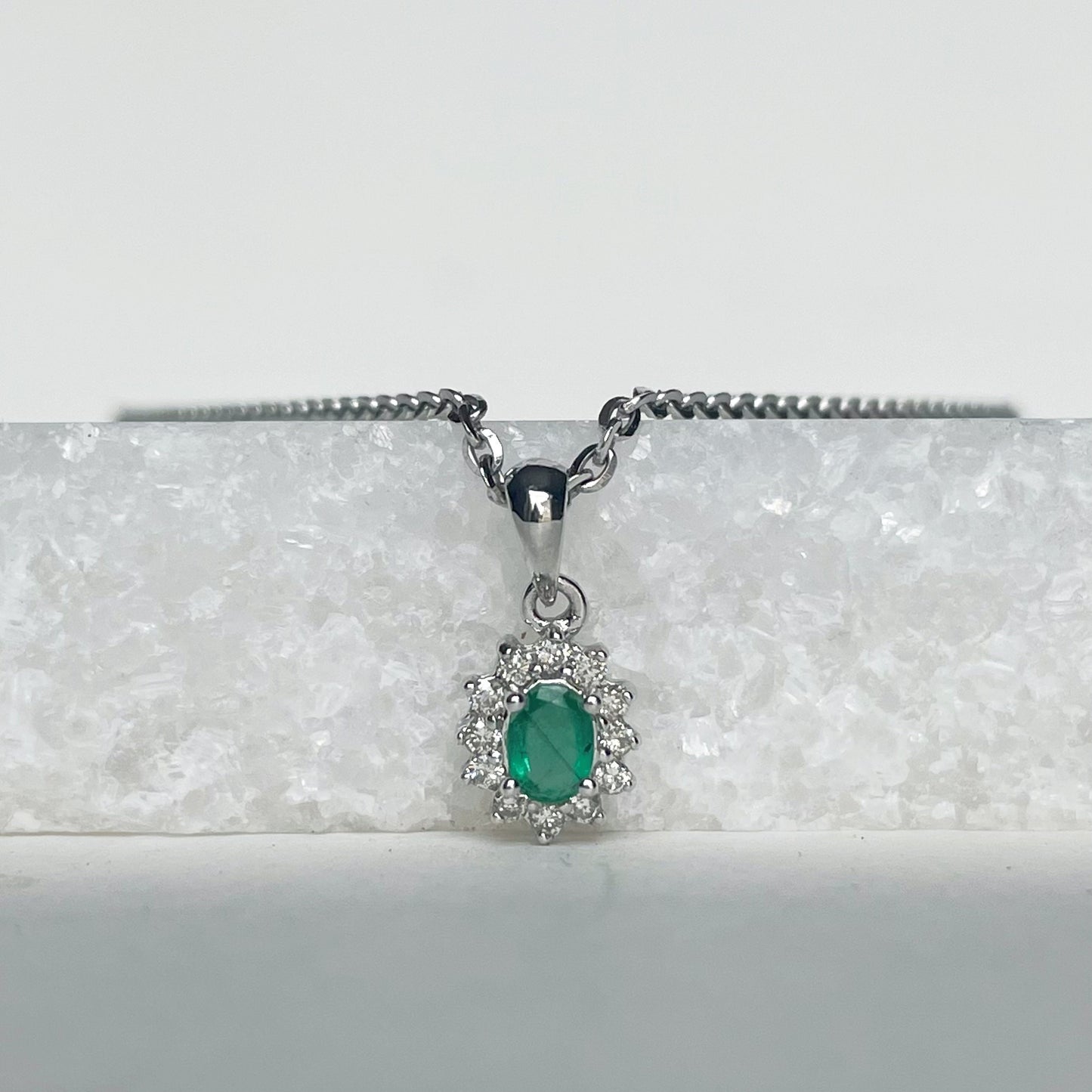 14K Solid Gold Emerald and Diamond Pendant