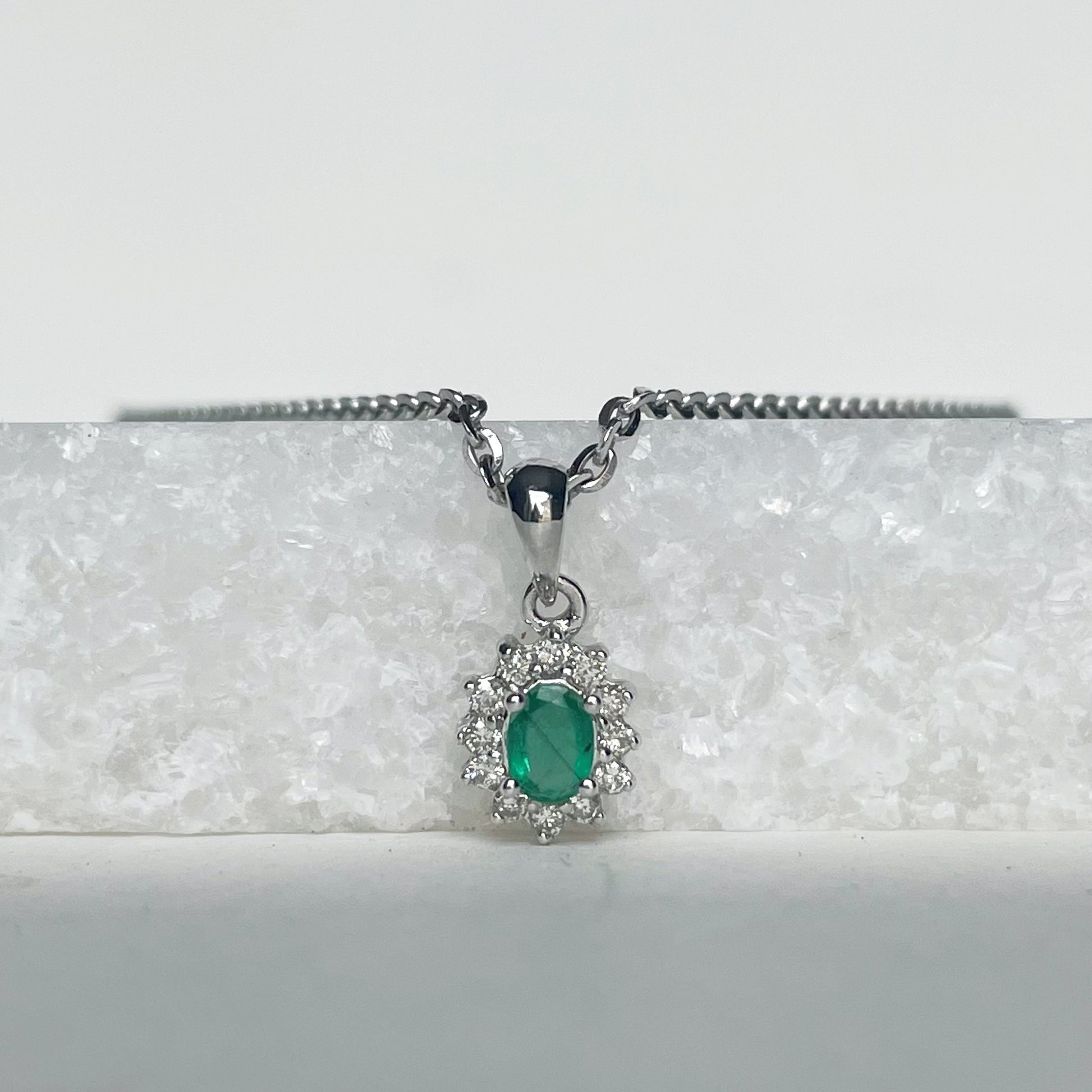 14K Solid Gold Emerald and Diamond Pendant