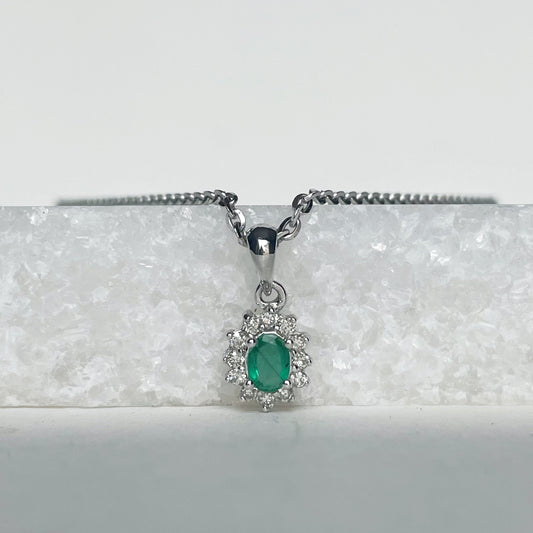 14K Solid Gold Emerald and Diamond Pendant