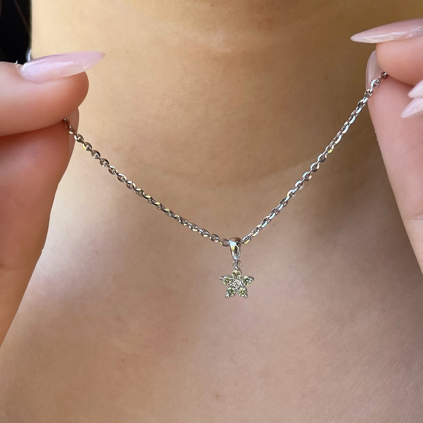 14K Solid Gold Genuine Green Sapphire and Diamond Flower Pendant