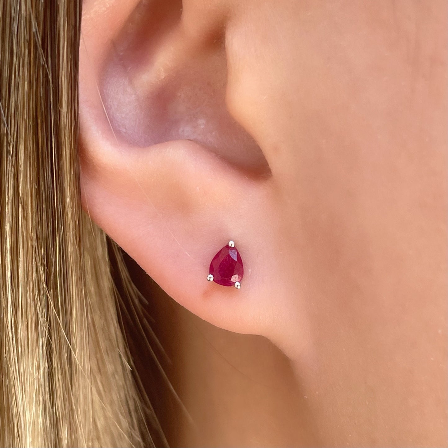 14K Solid Gold Genuine Teardrop Ruby Studs/Pair