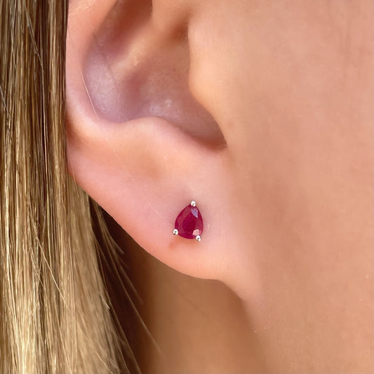 14K Solid Gold Genuine Teardrop Ruby Studs/Pair