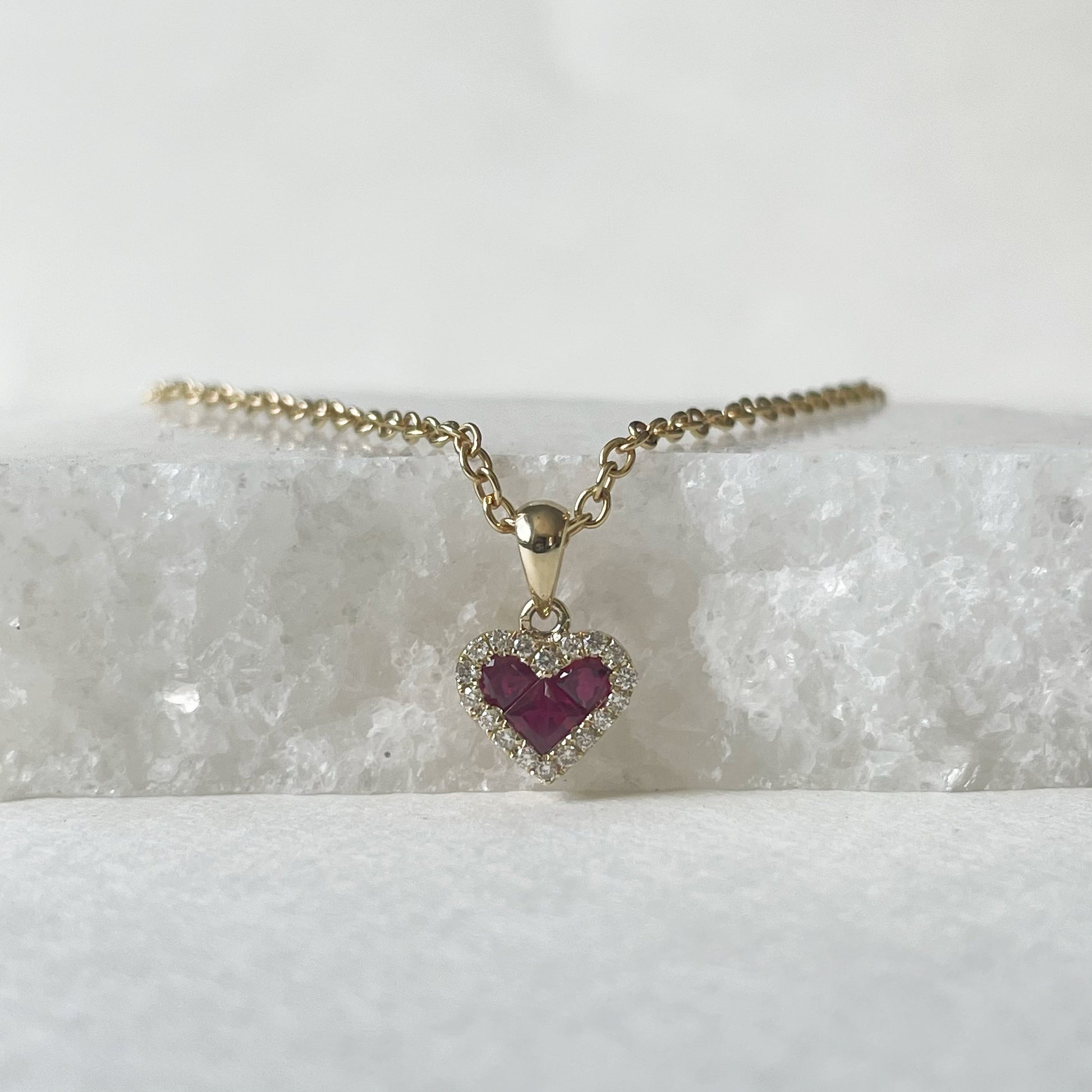 14K Solid Gold Genuine Diamond and Ruby Heart Pendant