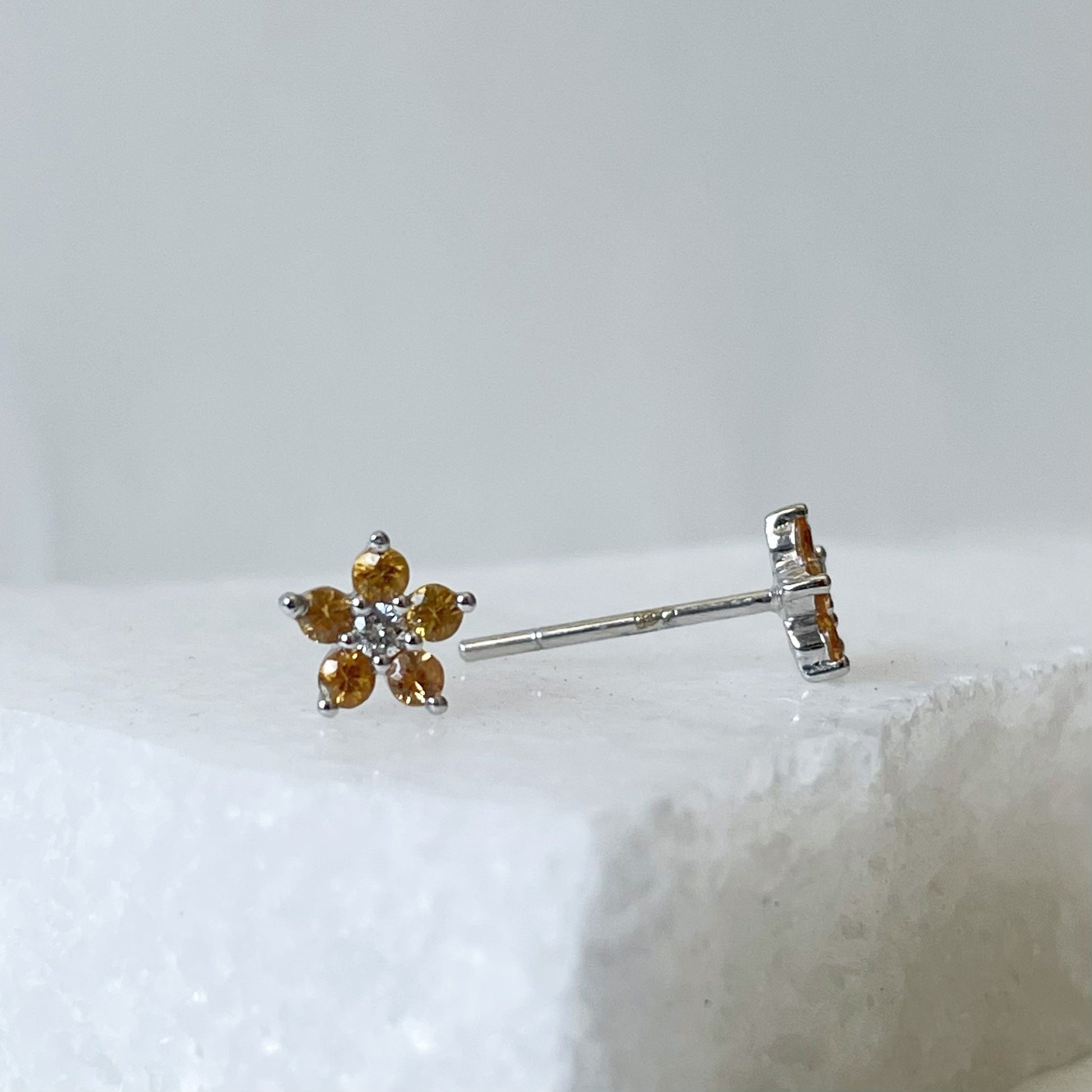 14K Solid Gold Genuine Orange Sapphire Flower Studs