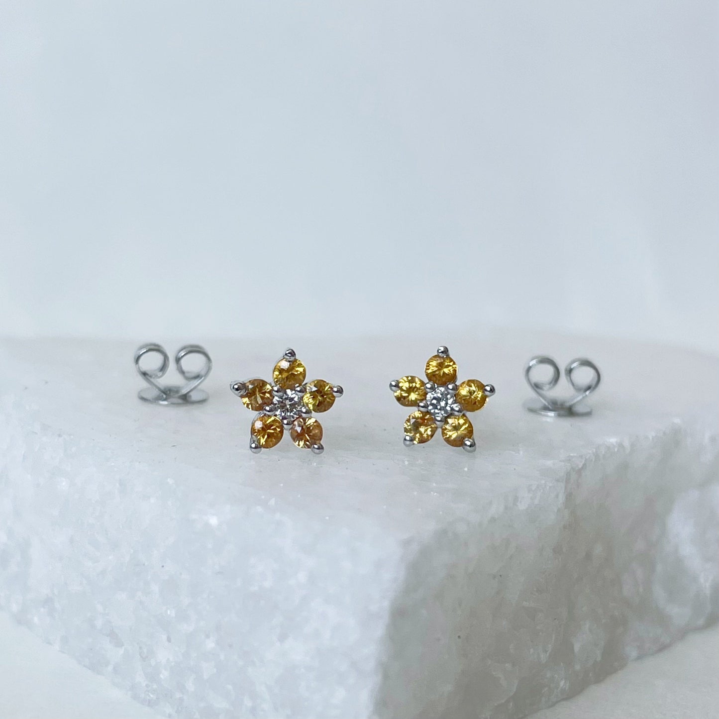 14K Solid Gold Genuine Orange Sapphire Flower Studs