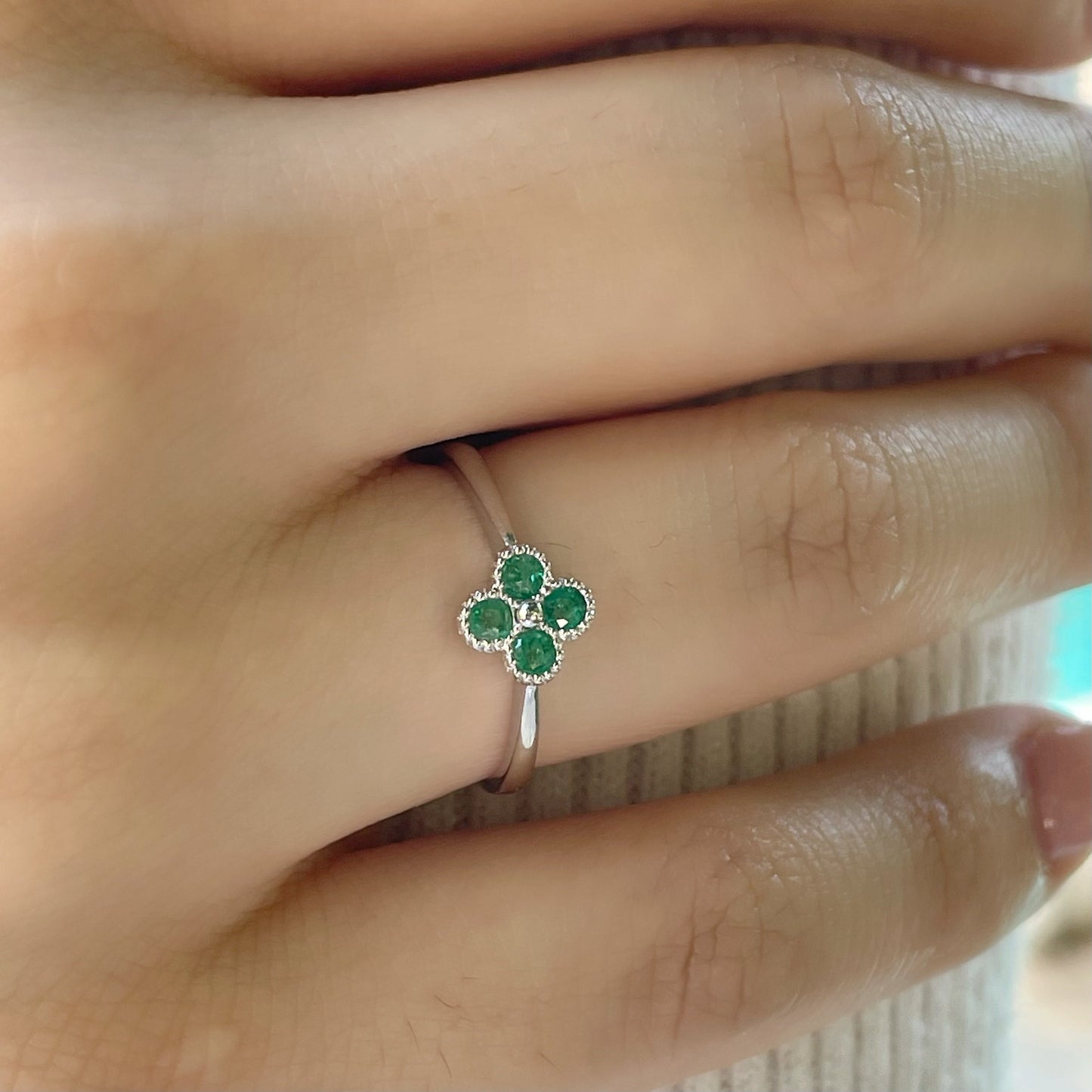 14K Solid Gold Genuine Emerald Clover Ring